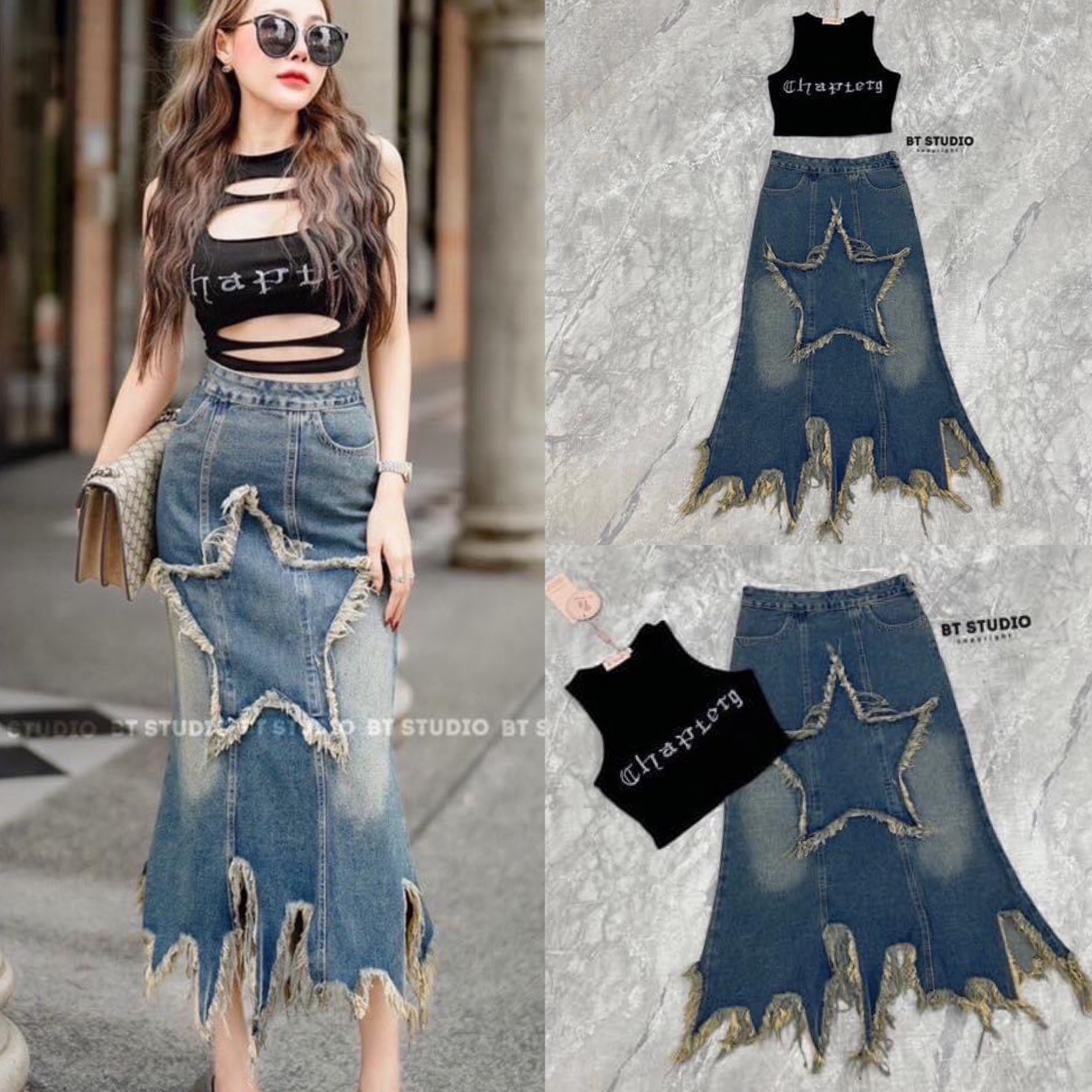 เซท 2 ชิ้น เสื้อแขนกุดดีไซส์แต่งเว้าขาด บนอกและสต้อก ตรงกลางปักคริสตัลเรียงเป็นตัว อักษร แมทซ์กับกระโปรงยีนส์แต่งลายดาวปักตรง กลางแต่งระบายชายเว้ารุ้ย ฟอกสีตรงกลาง งาน สวยเนื้อผ้าดี ใส่สวยเป๊ะ สินค้าคุณภาพ (พร้อมส่ง)