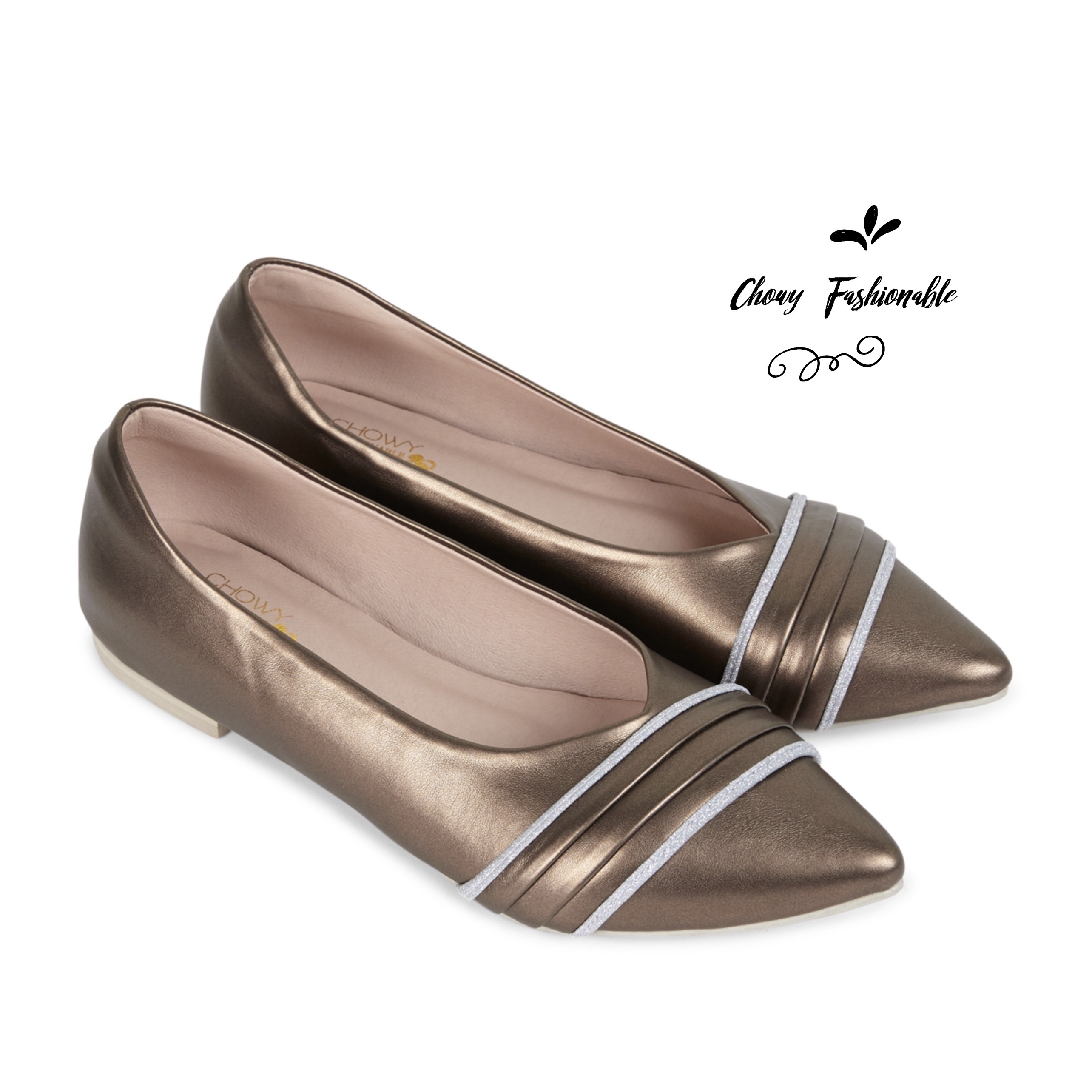 รองเท้าไซส์ใหญ่ 43-45 ส้นแบนหัวแหลม Flat Pointed Pleat with Glitter By Chowy CH0161