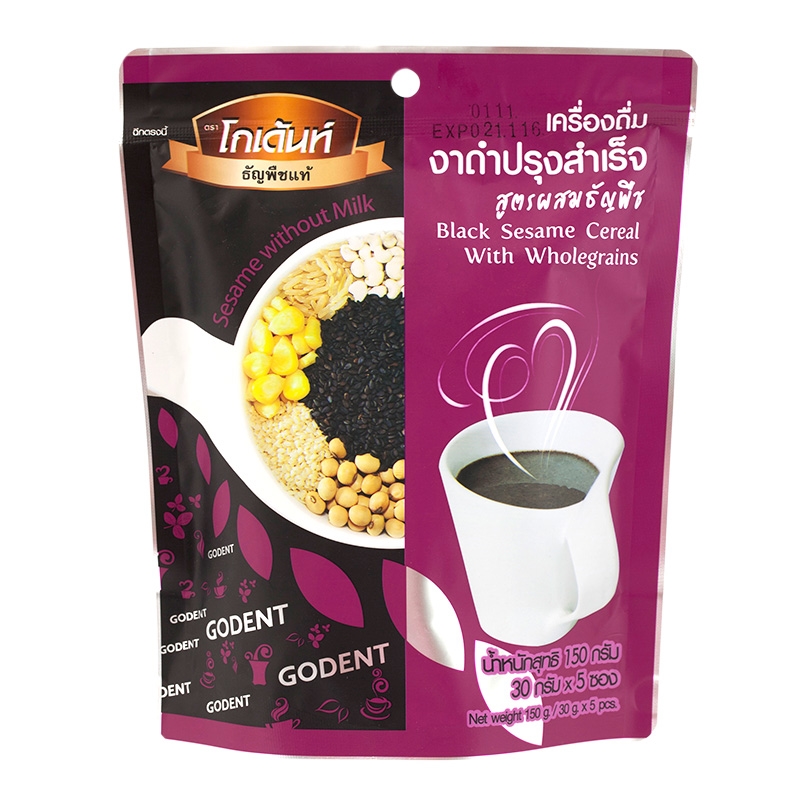 เครื่องดื่ม งาดำปรุงสำเร็จ สูตรผสมธัญญพืช (โกเด้นท์) ถุงละ 5 ซอง ซองละ 30 กรัม ► อุดมด้วยแคลเซี่ยม เหมาะกับผู้มีปัญหาเรื่ือง กระดูก และ อาการเจ็บตามข้อ