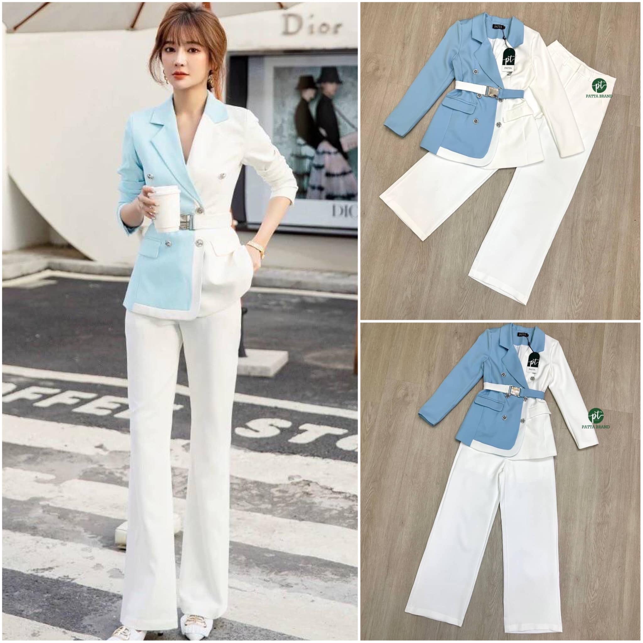 Set ชุด3ชิ้น ชุดสูทแขนยาวทูโทนสีสุดฮิต งานอัดกาว แต่งกระดุมเพชรเด่นหรู มีกระเป๋าหน้า2ข้าง คู่กับ กางเกงขายาวเอวสูง มีตะขอซิปหน้า มีเข็มขัดยางยืด งานสวย ใส่สบาย สินค้าคุณภาพ (พร้อมส่ง)