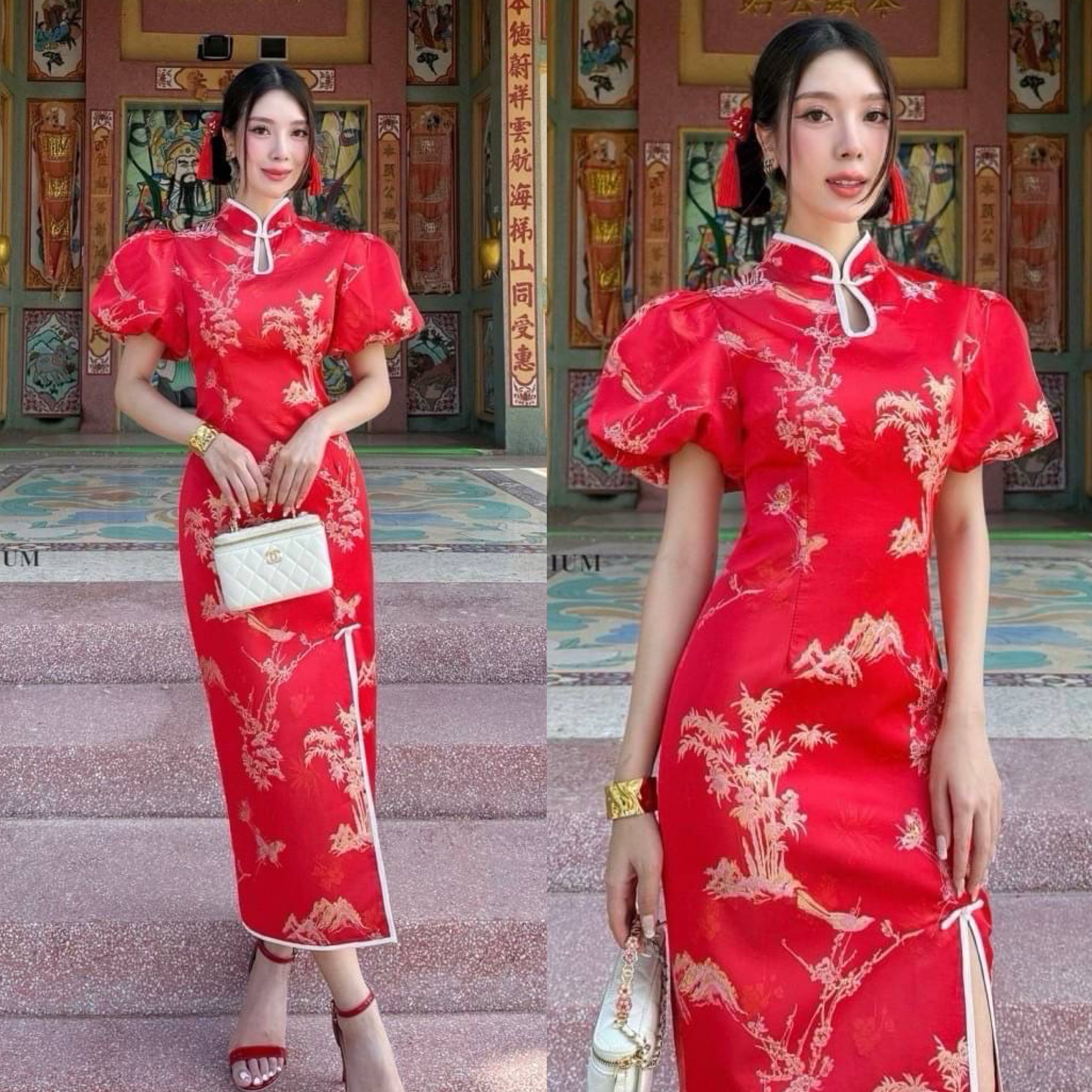 เดรสยาวกี่เพ้าเข้ารูป คอจีนแขนตุ๊กตาเนื้อผ้าซาติน ผิวมัน เนื้อผ้าหนาแน่นฝุดๆ เดรสปักลายสีทองทั้งตัว มีฟองน้ำในตัว ผ่าข้าง ซิบหลัง ใส่สบาย : สินค้าคุณภาพ (พร้อมส่ง)