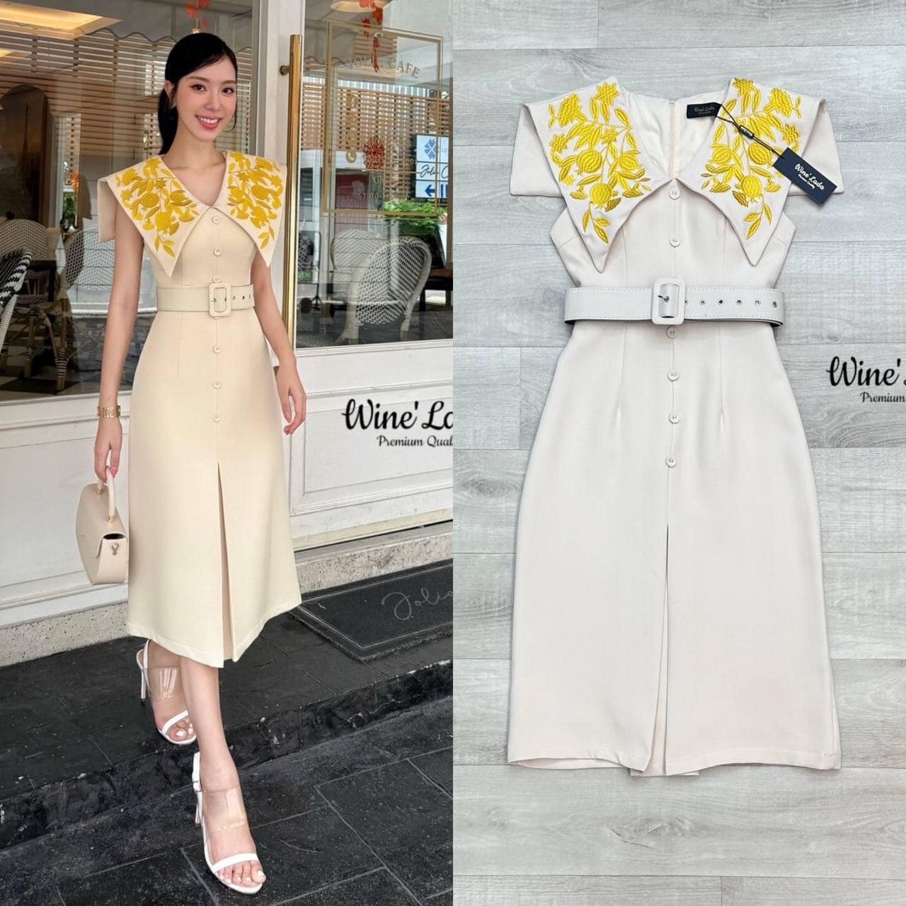 เดรสทรงสอบมีคอปกปักด้วยดอกสีเหลืองตัดกับเดรสได้อย่างลงตัว ทรงเรียบหรู มาพร้อมสายเข็มขัดเข้าเซ็ท ใส่สบาย : สินค้าคุณภาพ (พร้อมส่ง)