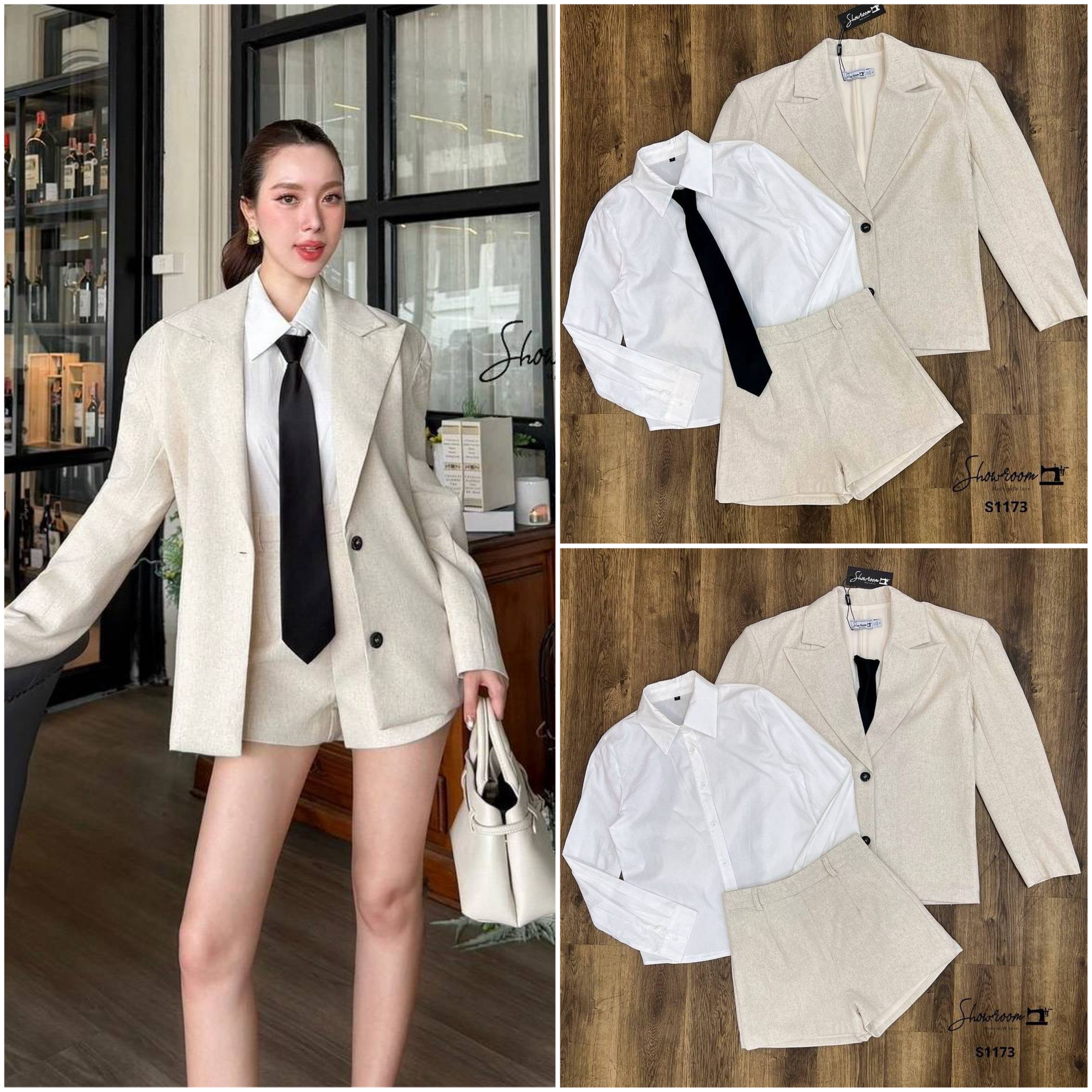 เซ็ต 4 ชิ้น เสื้อเชิ้ต เสื้อสูท กางเกงขาสั้น เนคไท ใส่สบาย : สินค้าคุณภาพ (พร้อมส่ง)