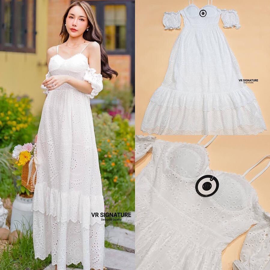 Dress ยาว สายเดี่ยวเกาะไหล่ สม็อคปลายแขน มีฟองน้ำจัดทรงให้ค่ะ ช่วง เอวเข้ารูป แต่งระบายชั้นชายกระโปรง เนื้อผ้า ลูกไม้เนื้อดีมีน้ำหนักทิ้งตัว ซับในทั้งชุดค่า ... สินค้าคุณภาพ (พร้อมส่ง)