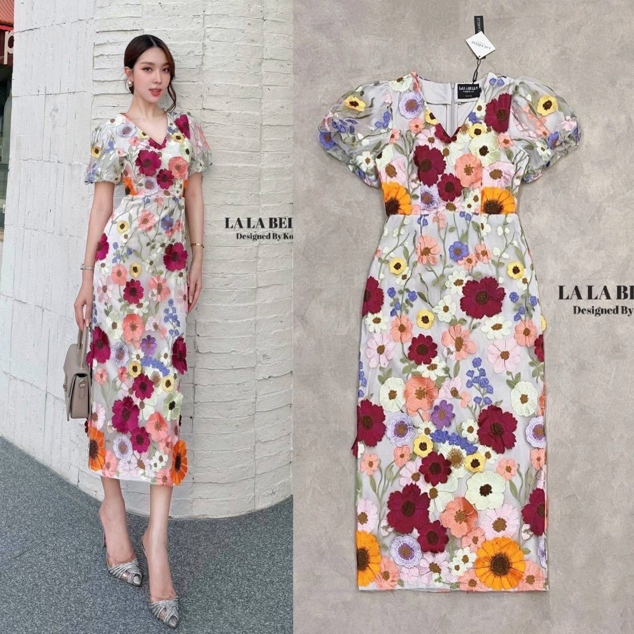 เดรสคอวีแขนตุ๊กตาเอวเข้ารูปกระโปรงยาวทรงสอบมีซับใน ใส่สบาย : สินค้าคุณภาพ (พร้อมส่ง)