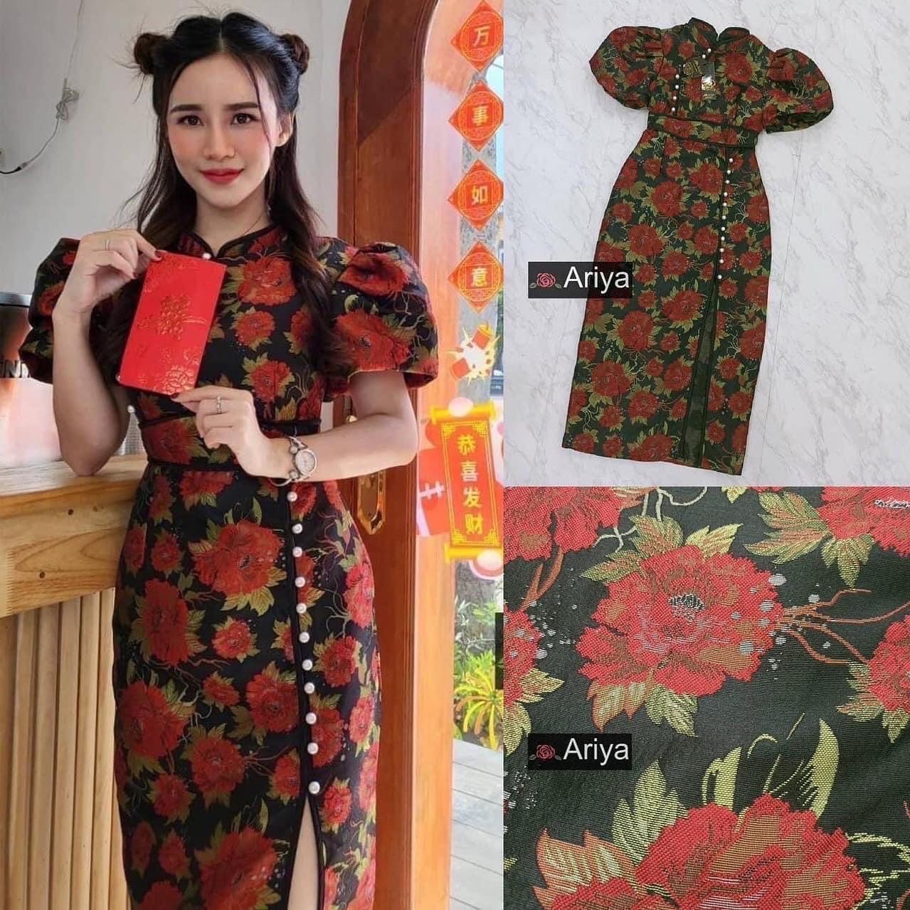 เดรสกี้เพ้า ผ้าทอลายดอก สวย มากแม่ใส่สบายใส่ทำงาน ความสวยเป๊ะ สินค้าคุณภาพ (พร้อมส่ง)