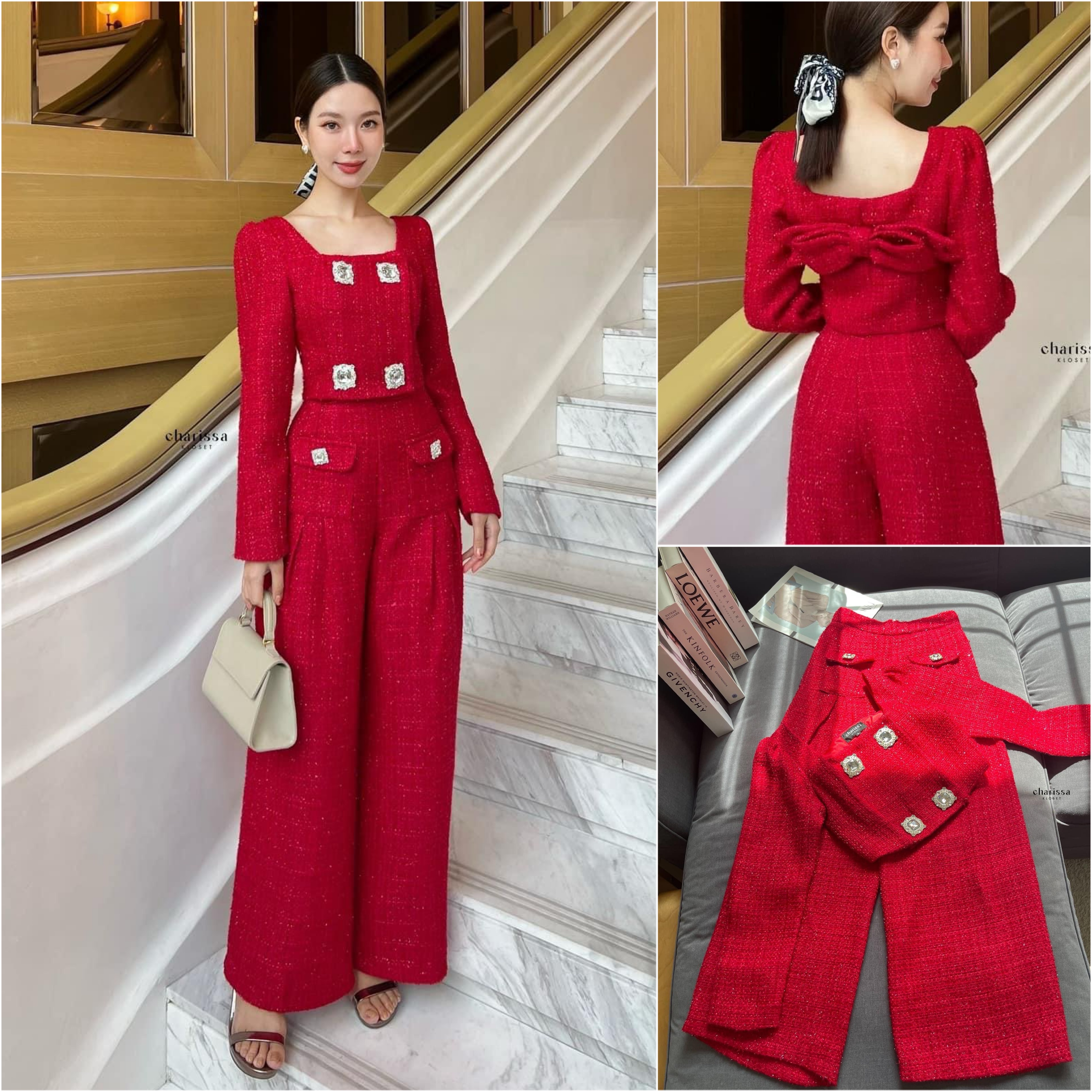 เซ็ทเสื้อสูทผ้าทวิตแต่งกระดุมเพชรหรู 4 เม็ดใหญ่ด้านหน้า ด้านหลังแต่งโบว์ใหญ่เย็บติดเสื้อ (ถอดได้) ตัวเสื้อมีซับในทั้งตัว +กางเกงขาวยาวกระบอกใหญ่ ใส่สบาย : สินค้าคุณภาพ (พร้อมส่ง)