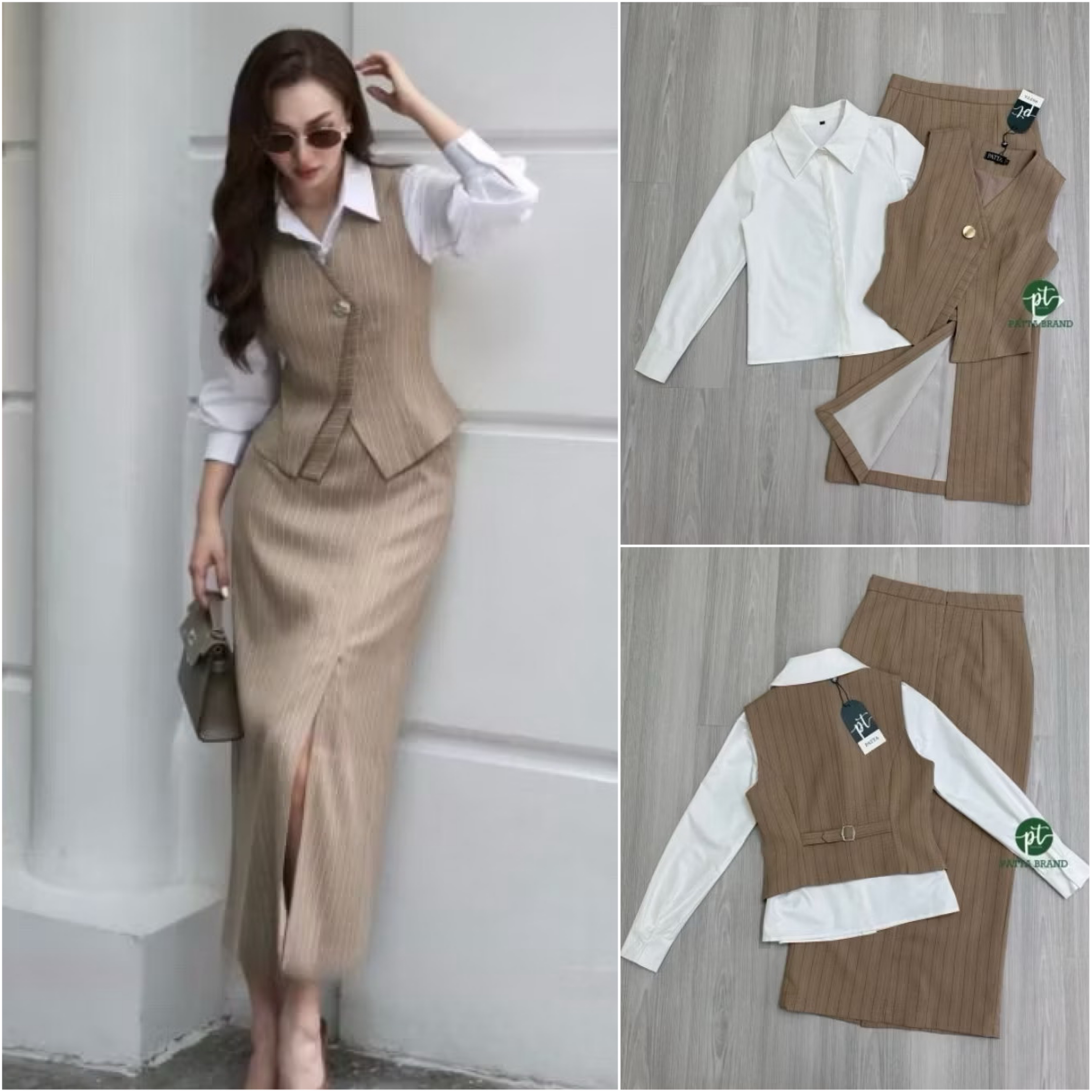 Set 3ชิ้ เสื้อกั๊กคอวีแขนกุดดีไซน์เฉียงเย็บ2ชั้นแต่งกระดุมหน้าใช้งานได้จริง ด้านหลังแต่งเข็มขัดปรับเข้ารูปให้ทรง มาคู่กับเสื้อเชิ้ตตัวในสีขาวมีกระดุมหน้า ดีไซน์เก๋ มาพร้อมกับกระโปรงยาวทรงตรงทรงสอบ ใส่สบาย : สินค้าคุณภาพ (พร้อมส่ง)