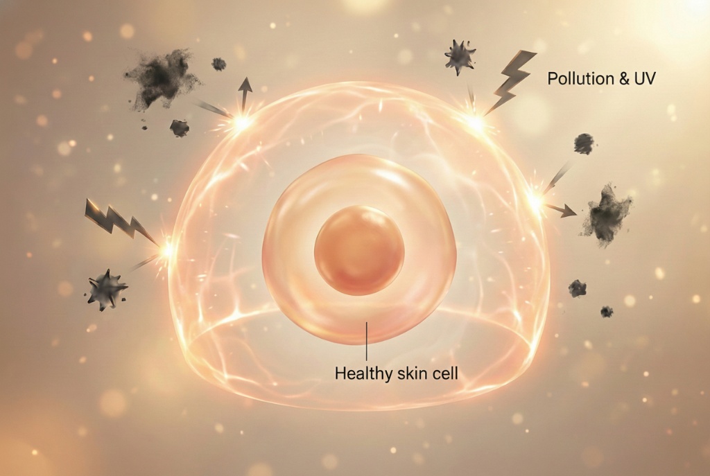 ภาพกราฟิกแสดงเกราะป้องกัน Astaxanthin ที่ช่วยปกป้องเซลล์ผิวจากมลภาวะและ UV