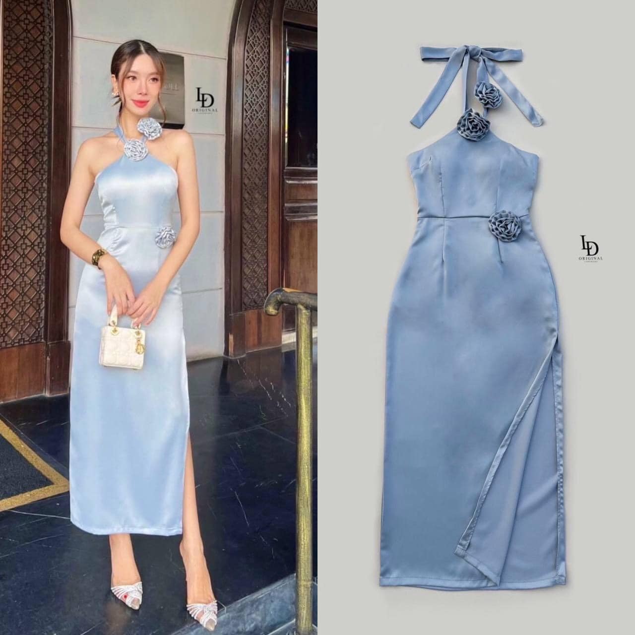 ชุดเดรสผ้าซาตินสีออกฟ้าเทา ตัวเสื้อมีฟองน้ำในตัวกระโปรงผ่าข้างแต่งดอกไม้ ชุดผูกคอใส่สบาย สินค้าคุณภาพ (พร้อมส่ง)