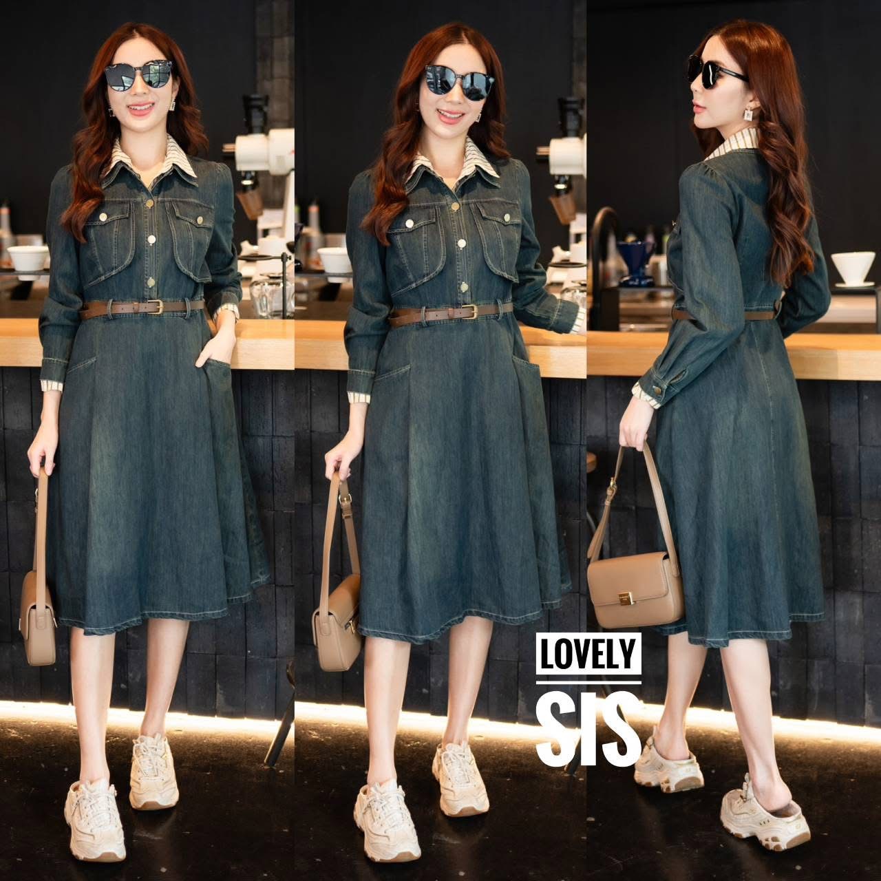 เดรสยีนส์แขนยาวงานกระดุมครึ่งตัวแกะออกได้จริง ช่วงคอปกและปลายแขนเย็บผ้าลายริ้วเพิ่มความเด่น มีเข็มขัดหนังสีน้ำตาลแถมให้ ใส่สบาย : สินค้าคุณภาพ (พร้อมส่ง)