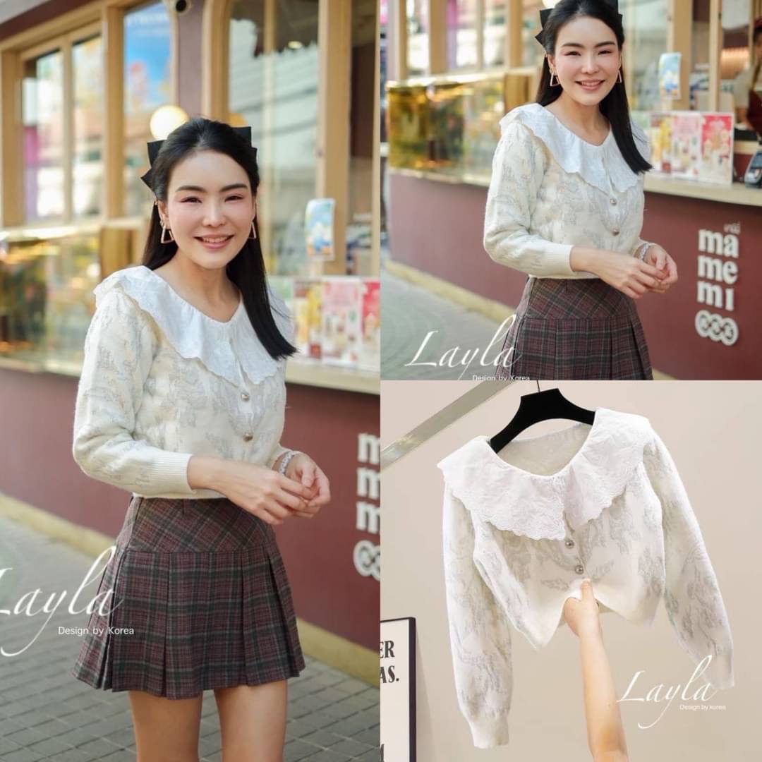 เสื้อคาดิแกนไหมพรมครอปคอปกลูกไม้ปักหวานๆ ตัวเสื้อทอลายสีเงินเหลือบ ใส่สบาย : สินค้าคุณภาพ (พร้อมส่ง)