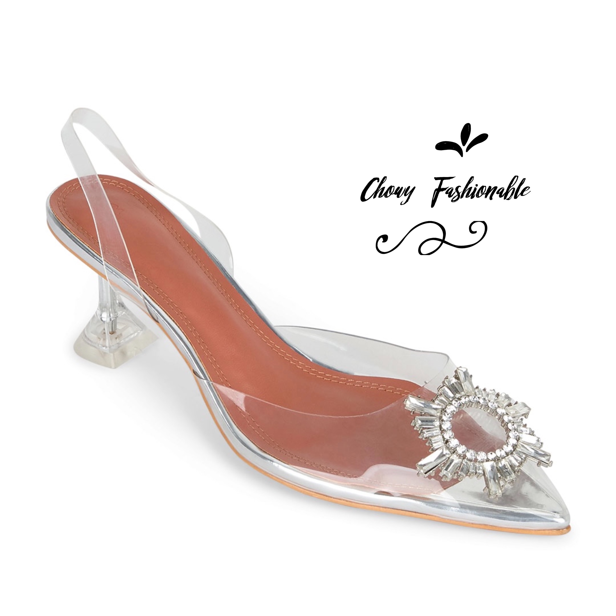 รองเท้าส้นแแก้วใส มีไซส์ใหญ่ 37-45 ทรงหัวแหลม รัดส้น สีใส KR1159