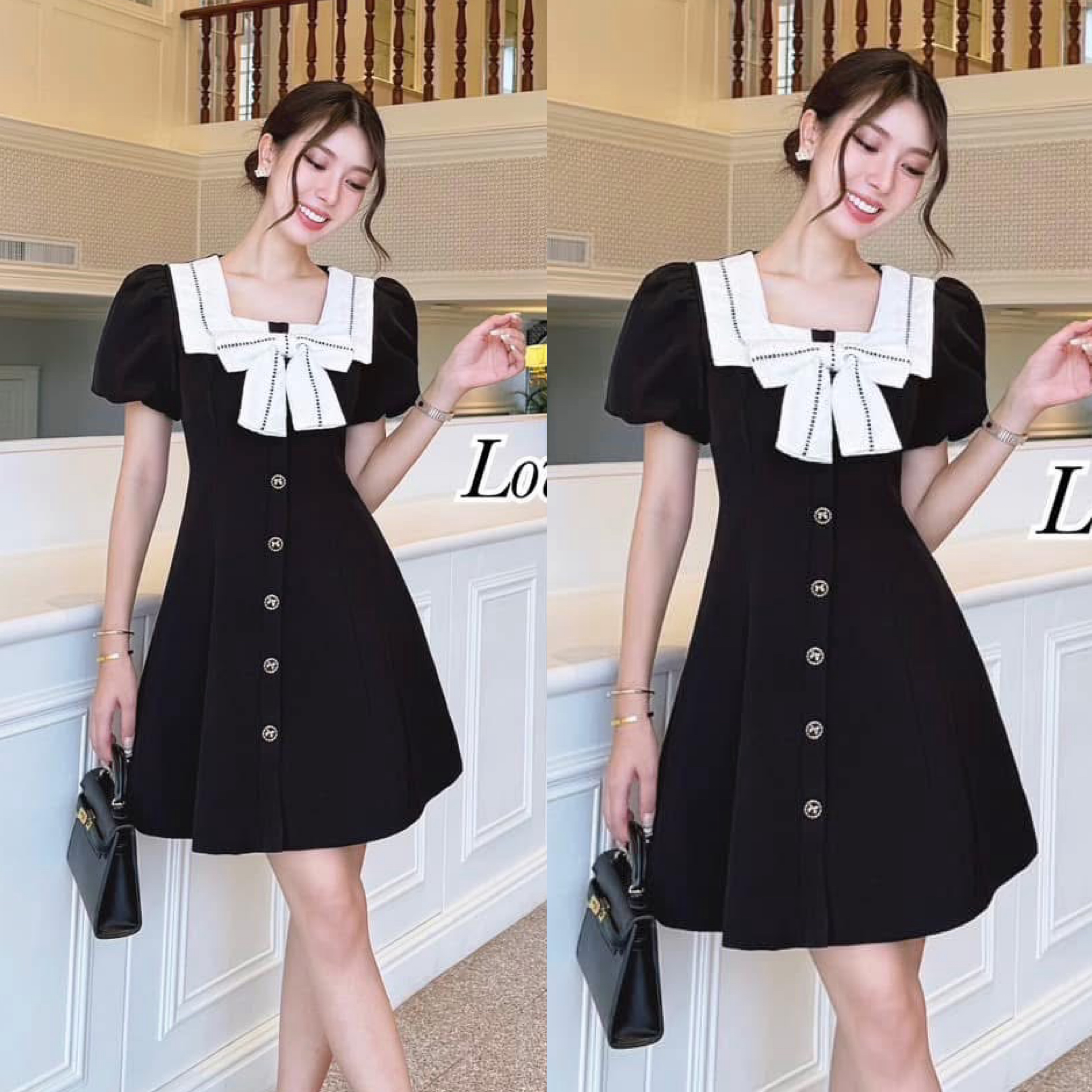 เดรสกระโปรง ลุคลูกคุณหนูทรงแขนตุ๊กตาน่ารัก แต่งปกโบว์ผ้าลูกไม้ ใส่สบาย : สินค้าคุณภาพ (พร้อมส่ง)