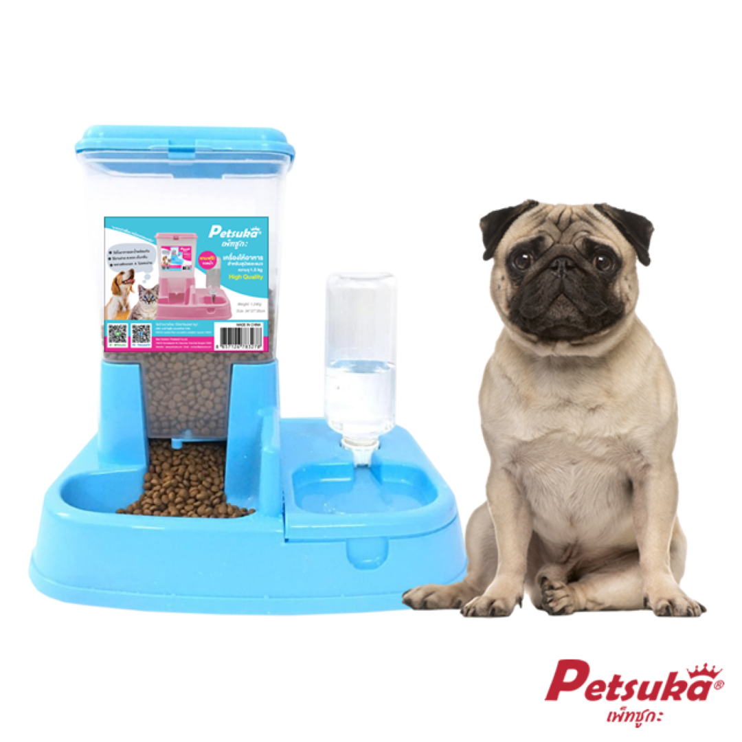เครื่องให้อาหารและน้ำสัตว์เลี้ยง สำหรับสุนัขและแมว อัตโนมัติ Petsuka สีฟ้า
