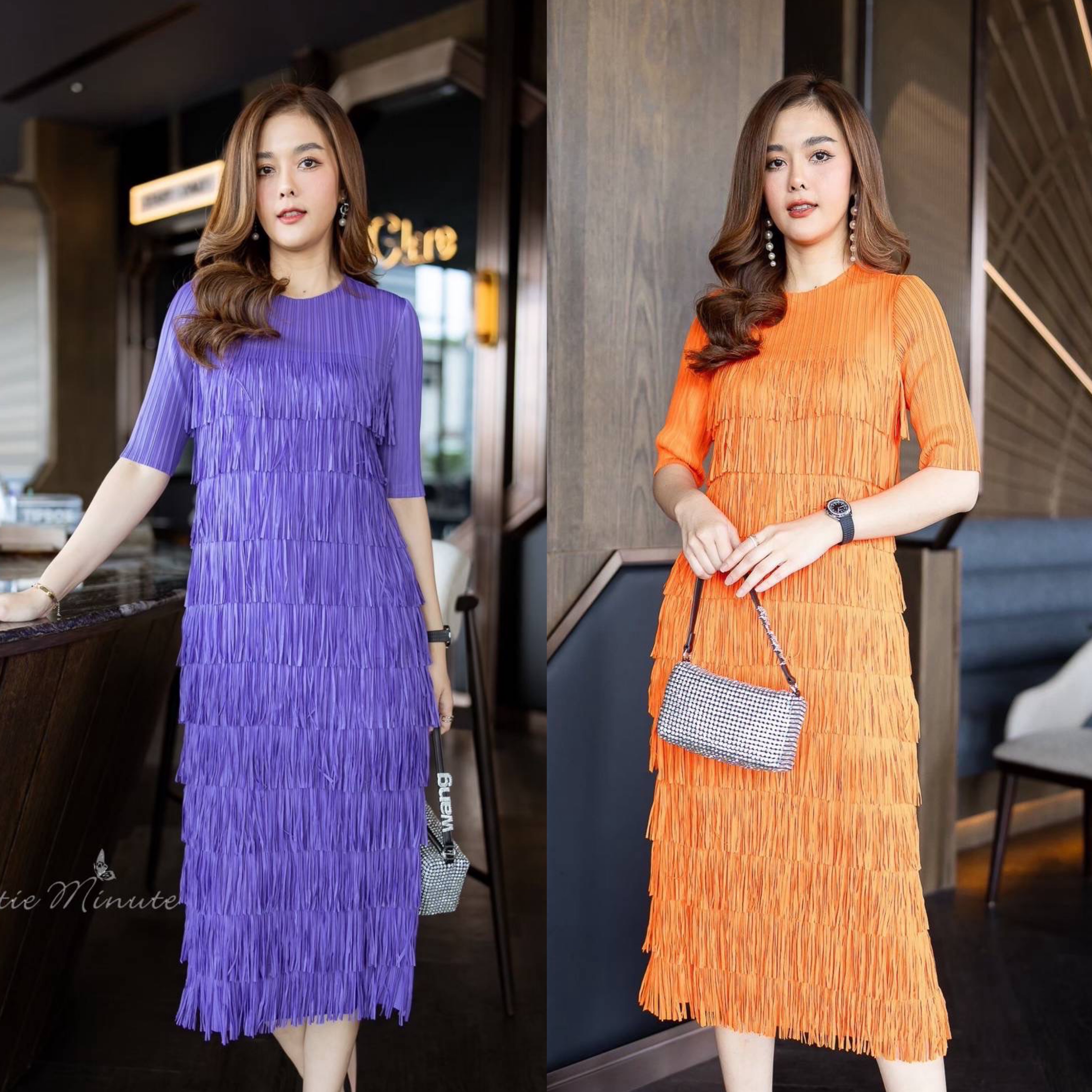 เดรสผ้าอัดพลีท Premium งานแต่งดีเทลด้วยพู่เป็นชั้นๆ ผ้ายืดหยุ่นได้ทั้งตัว ทรงชุดเข้ารูป ใส่สบาย : สินค้าคุณภาพ (พร้อมส่ง)