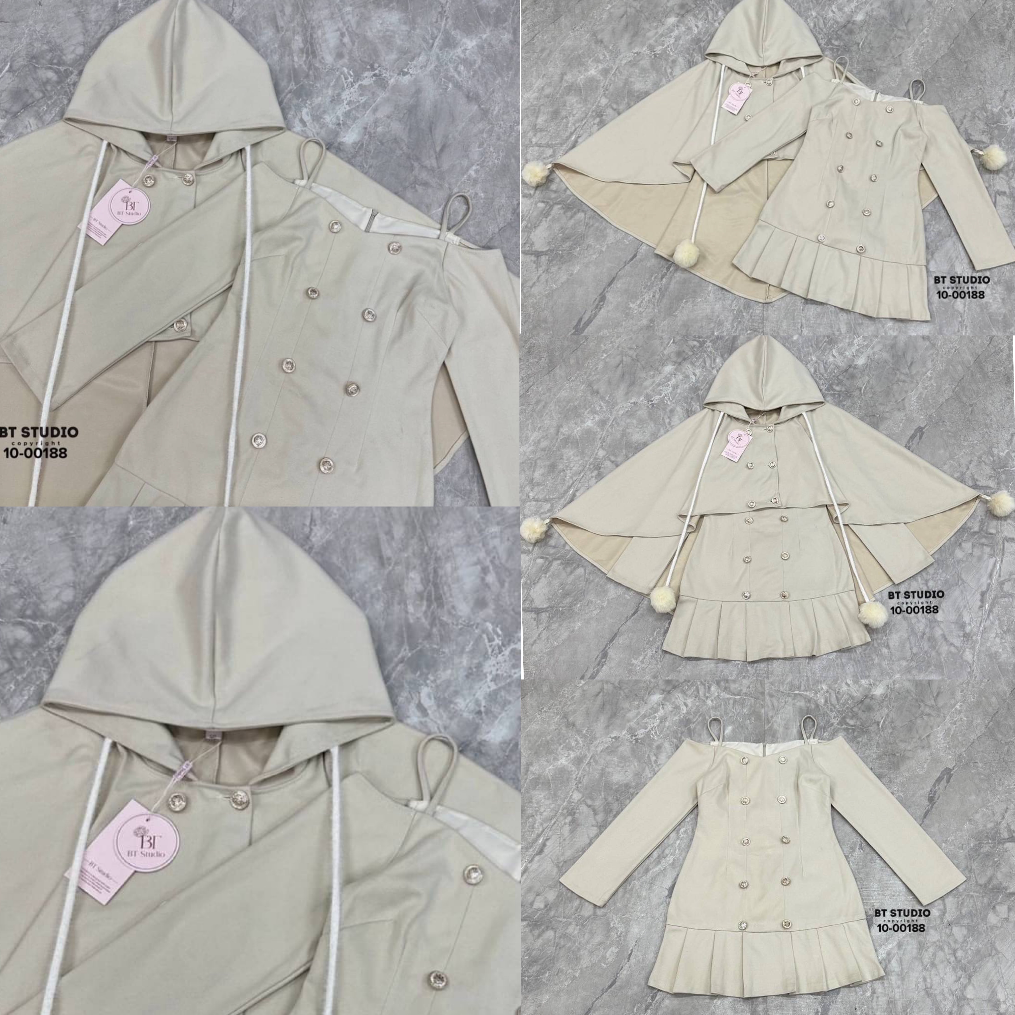 เซท 2 ชิ้น เสื้อคลุมแต่งฮูดกระดุมหน้า หน้าสั้นหลังยาว แมทซ์กับเดรสสายเดี่ยวปาดไหล่แต่งแขนยาว สินค้าคุณภาพ (พร้อมส่ง)