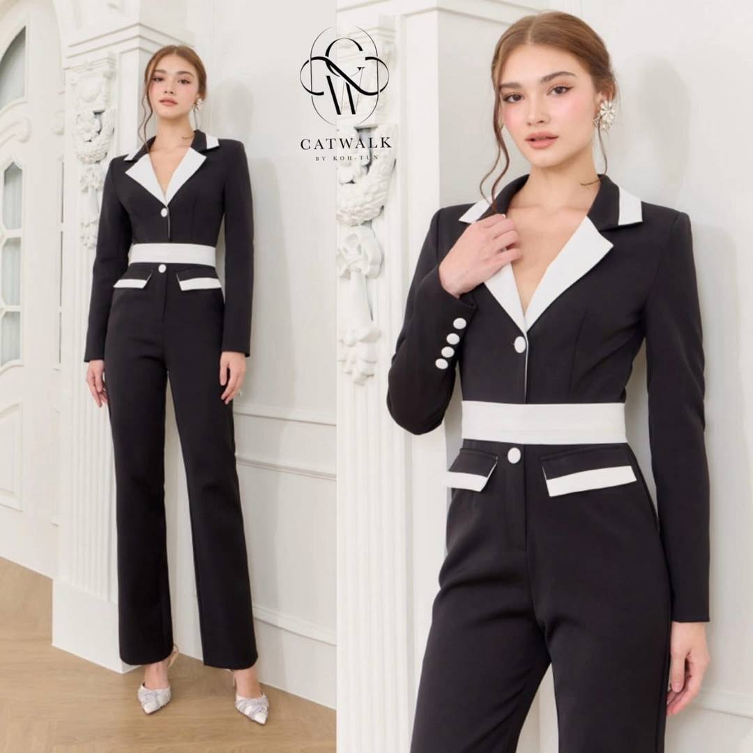 จั้มสูททูโทน+เข็มขัดผ้า เนื้อผ้าเกรดเอ เนื้อผ้าเป็นทรงสวย เท่ห์หรูดูโดดเด่นสุดๆ ใส่สบาย : สินค้าคุณภาพ (พร้อมส่ง)