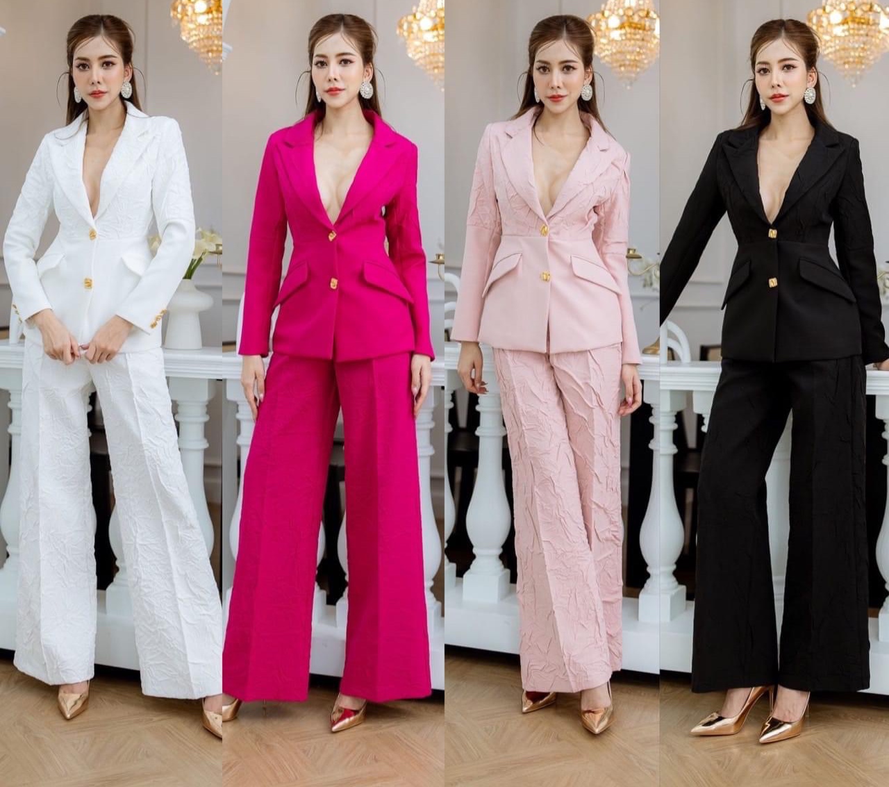 เซตBLAZERผ้าอัดยับ+กางเกงทรงสวย เนื้อผ้าเกรดเอ ตัวBLAZERเป็นทรงเข้ารูปสวย มาคู่กับกางเกงเอวสูงทรงขาบาน ให้เนื้อผ้าอัดยับตัวเดียวกับเสื้อ ดูแพงและดูไฮสุดๆ งานhiend ใส่สบาย สินค้าคุณภาพ (พร้อมส่ง)