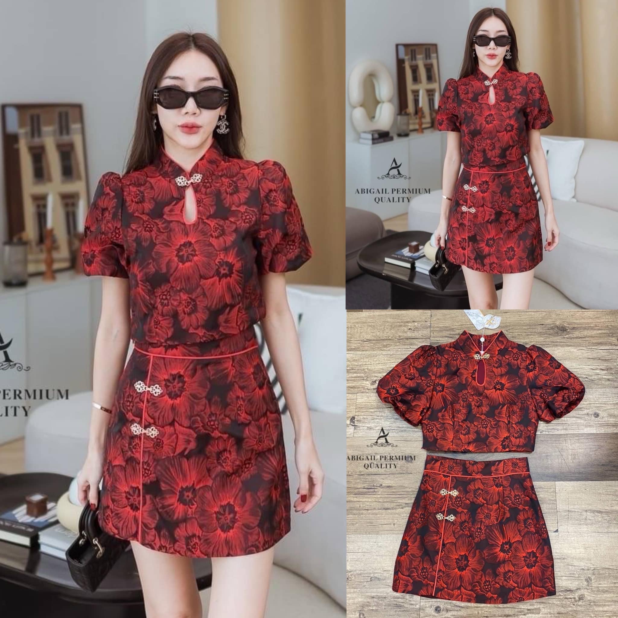 เซต 2 ชิ้น เสื้อแขนสั้นคอจีนติดกุ๊นคอ แขนพอง น่ารักแมทกับกระโปรงเอวสูง สินค้าคุณภาพ (พร้อมส่ง)