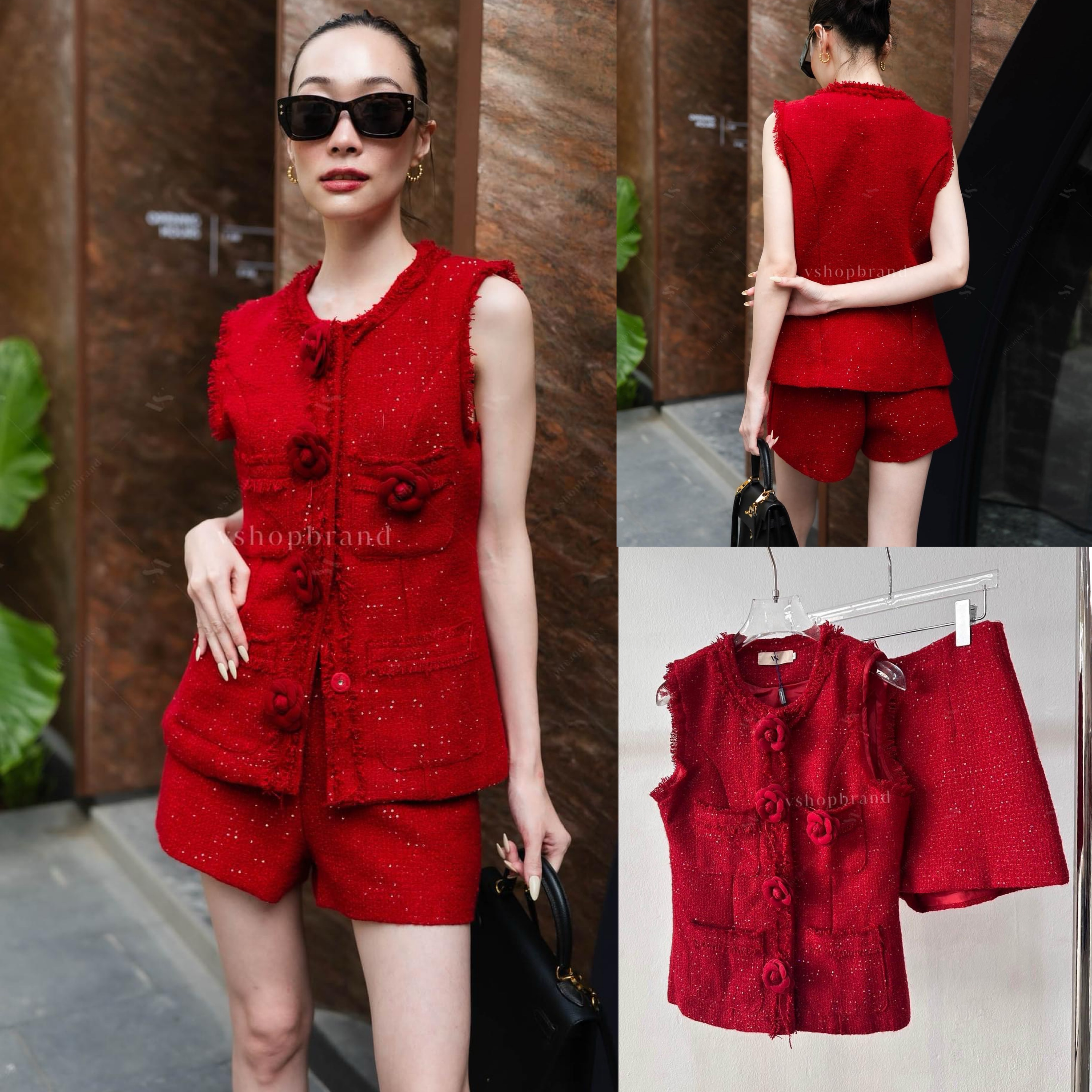 Set แขนกุดผ้าทวิต ขอบรุ่ย+กางเกงขาสั้น +เข็มกลัดดอกไม้ สินค้าคุณภาพ (พร้อมส่ง)