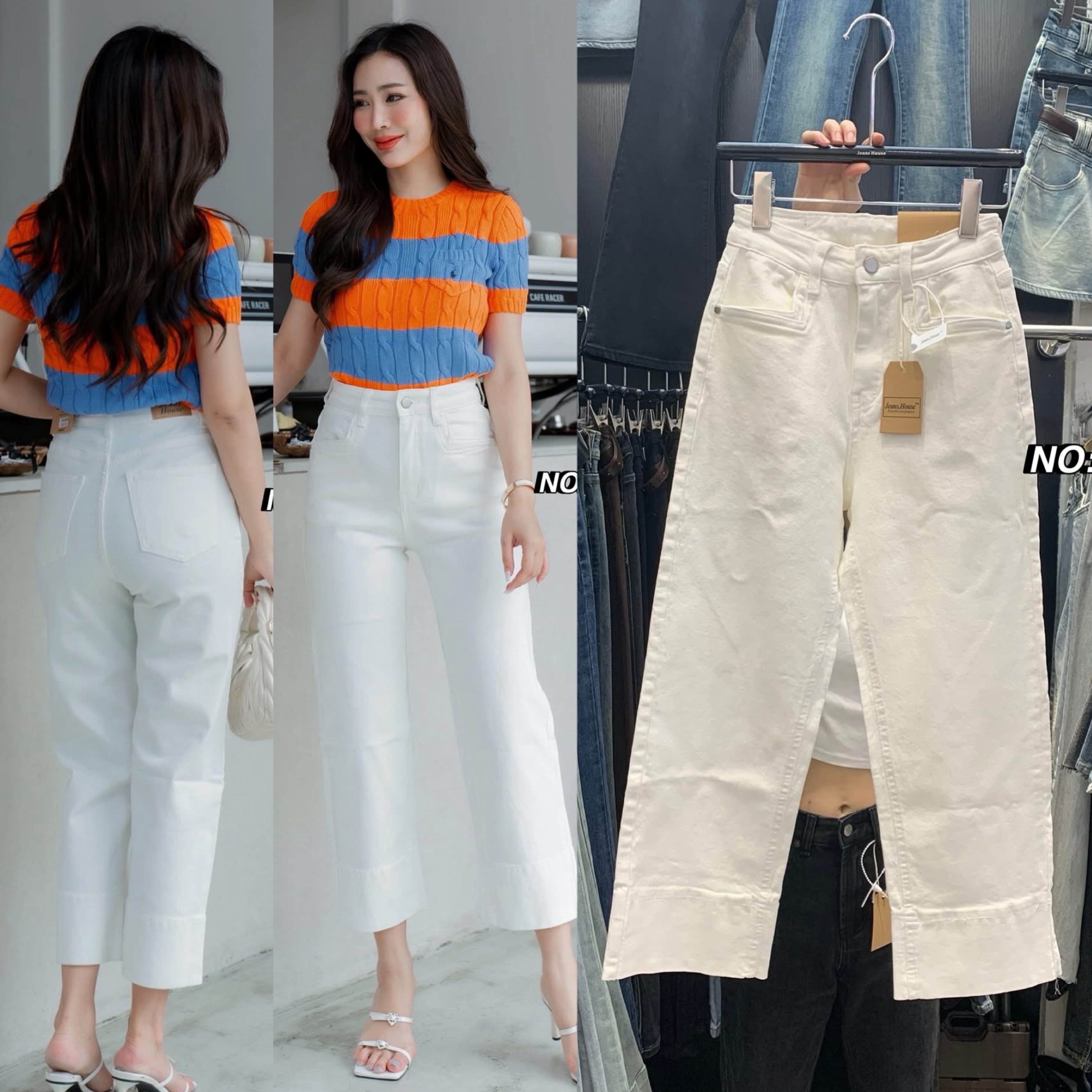 กางเกงยีนส์สีขาวขา8ส่วน ทรงมาใหม่คะ ทรงนี้ปีนี้มาแรงมากค่ะ ทรงเรียบๆ ปลายขาเย็บ ปลายขากว้าง เก๋มากๆ เอวสูง ใส่ดูเพรียวมาก(ผ้ายืด) ใส่สบาย : สินค้าคุณภาพ (พร้อมส่ง)