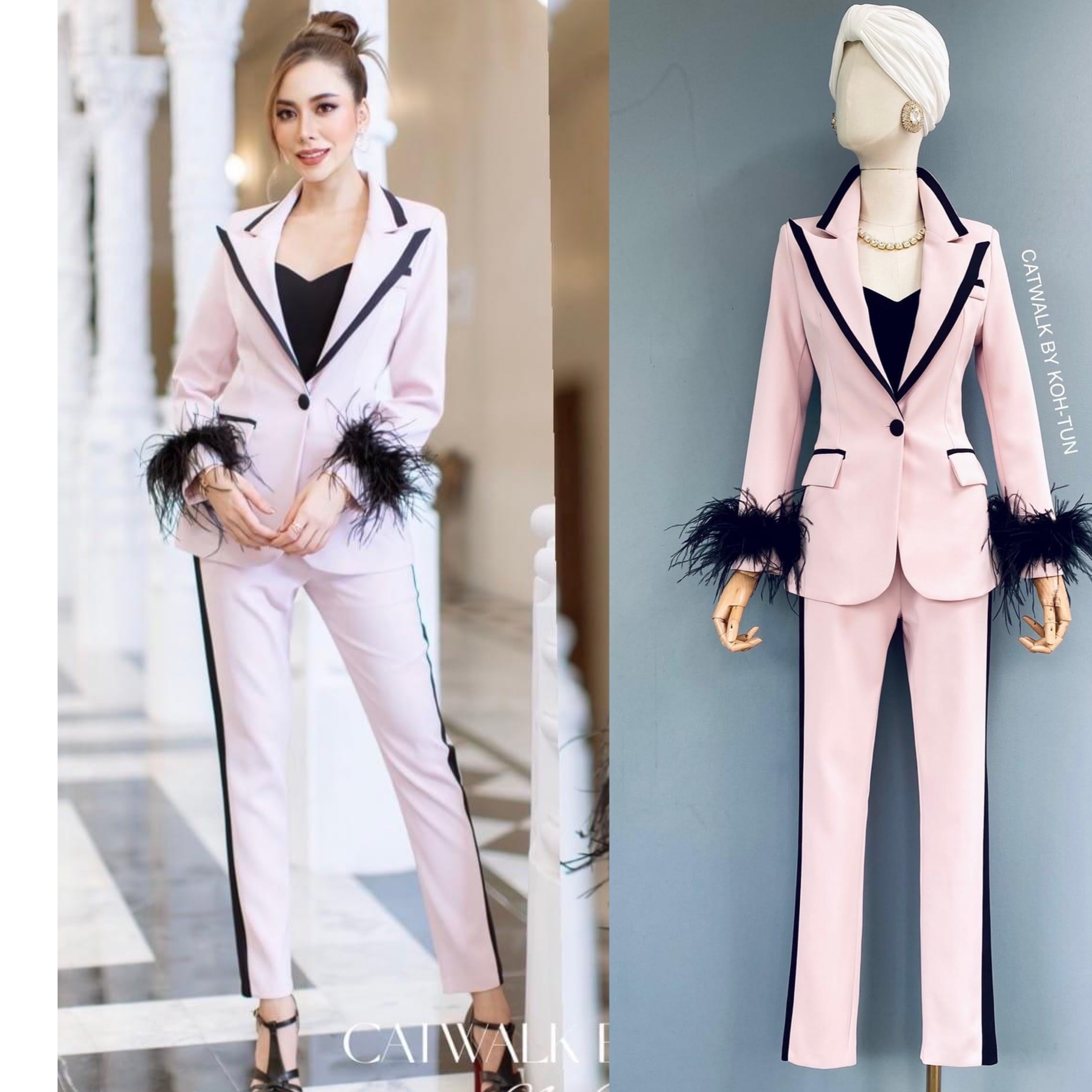 เซตBLAZERทูโทนแต่งขนนกแขน (ถอนได้)เนื้อผ้าเกรดเอ เนื้อนุ่มทิ้งตัว ตัวBLAZERเป็นทรงเข้ารูป แต่งขอบปกและขอบกระเป๋า คู่กับกางเกงเอวสูงขายาว ทรงขากระบอกเล็ก สินค้าคุณภาพ (พร้อมส่ง)