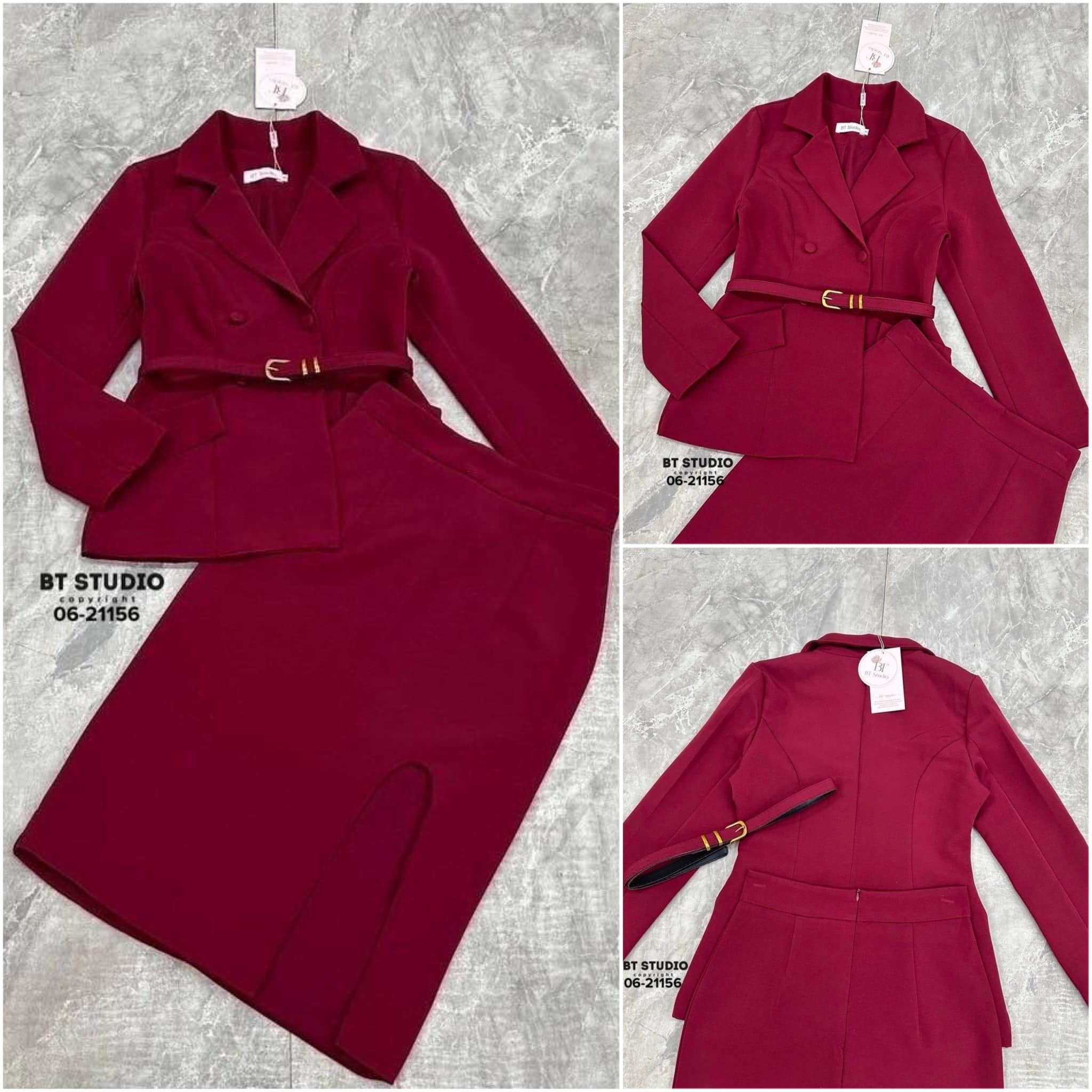 เซท 3 ชิ้น เสื้อเบเซอร์คอปกแขนยาว แต่งกระดุม 4 เม็ด แมทซ์กับกระโปรงคลุมเข่า ปลายชายผ่าเว้าข้าง ใส่สบาย สินค้าคุณภาพ (พร้อมส่ง)