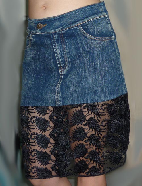 #1กระโปรงยีนส์สั้นต่อผ้าลูกไม้โปร่ง 29.5-36-19