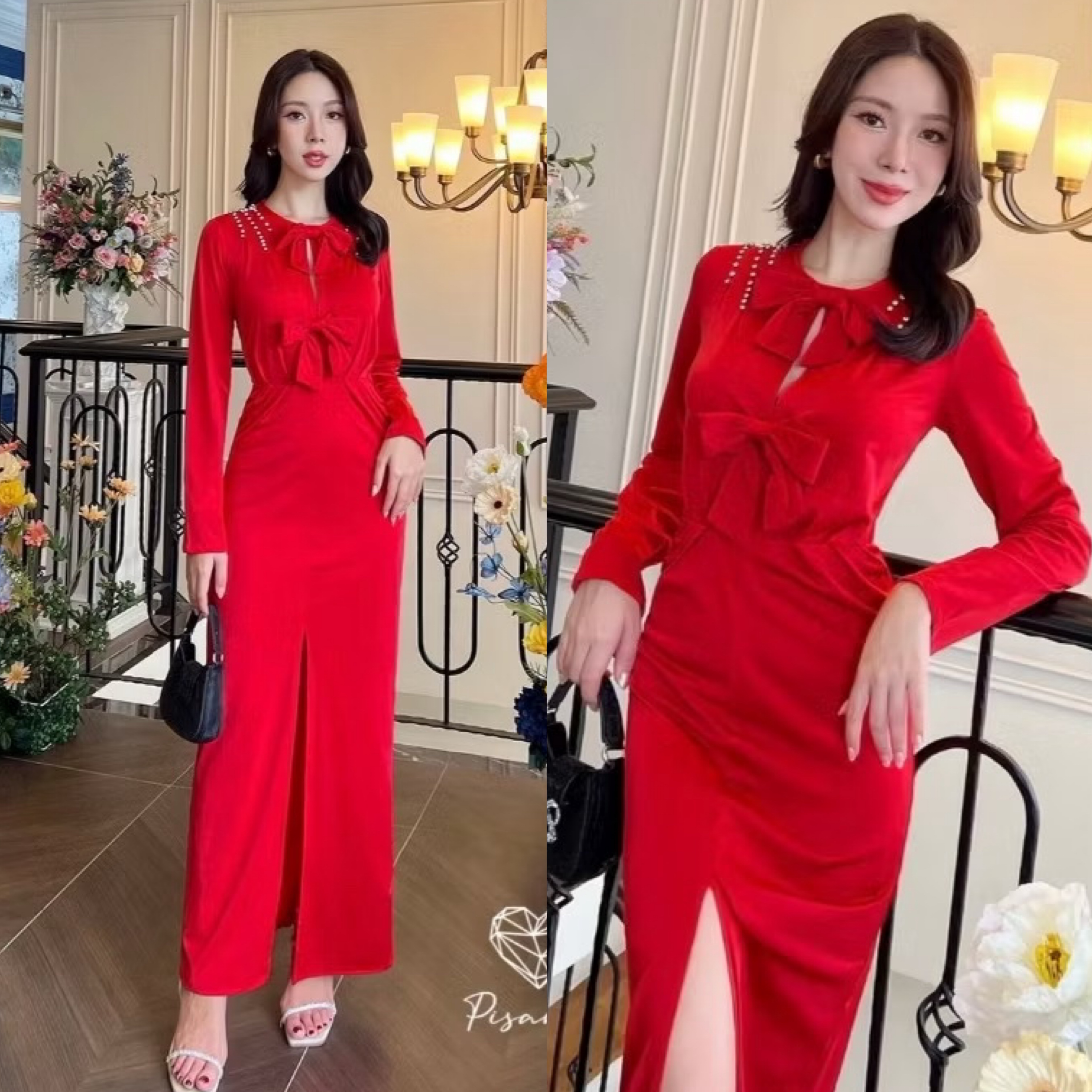 เดรสสีแดงแขนยาวแต่งโบว์ช่วงหน้าอก ทรงผ่าหน้าทรงเข้ารูปทรงยาว สวย หรู ใส่สบาย : สินค้าคุณภาพ (พร้อมส่ง)