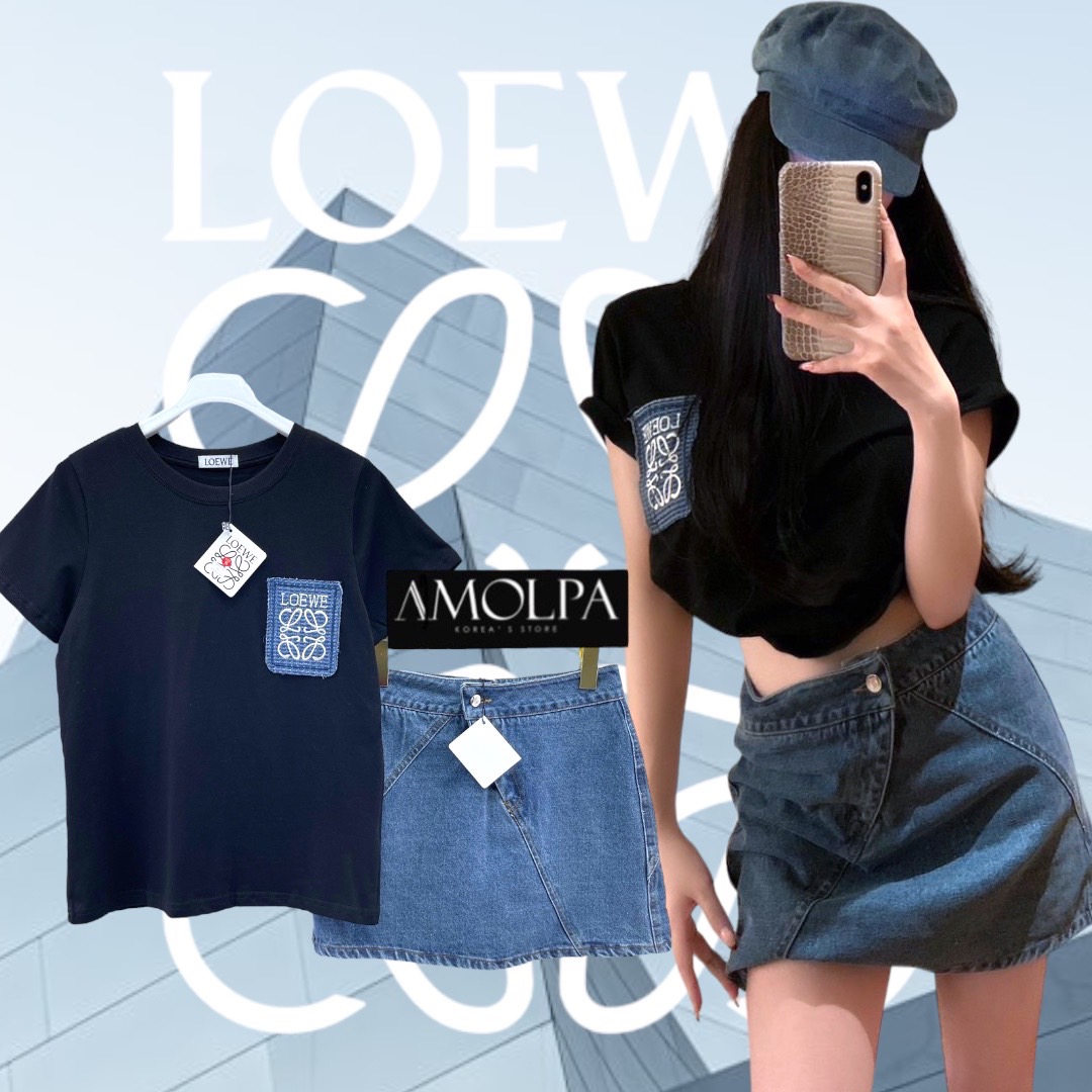 SET LOEWE งานใหม่ 2024SS ตัวเสื้อแขนสั้นแต่งผ้ายีนส์ที่หน้าอก มาพร้อม กระโปรงยีนส์ปักLOGO LOEWE ด้านหลัง ใส่เข้ากันลง ใส่สบาย สินค้าคุณภาพ (พร้อมส่ง)