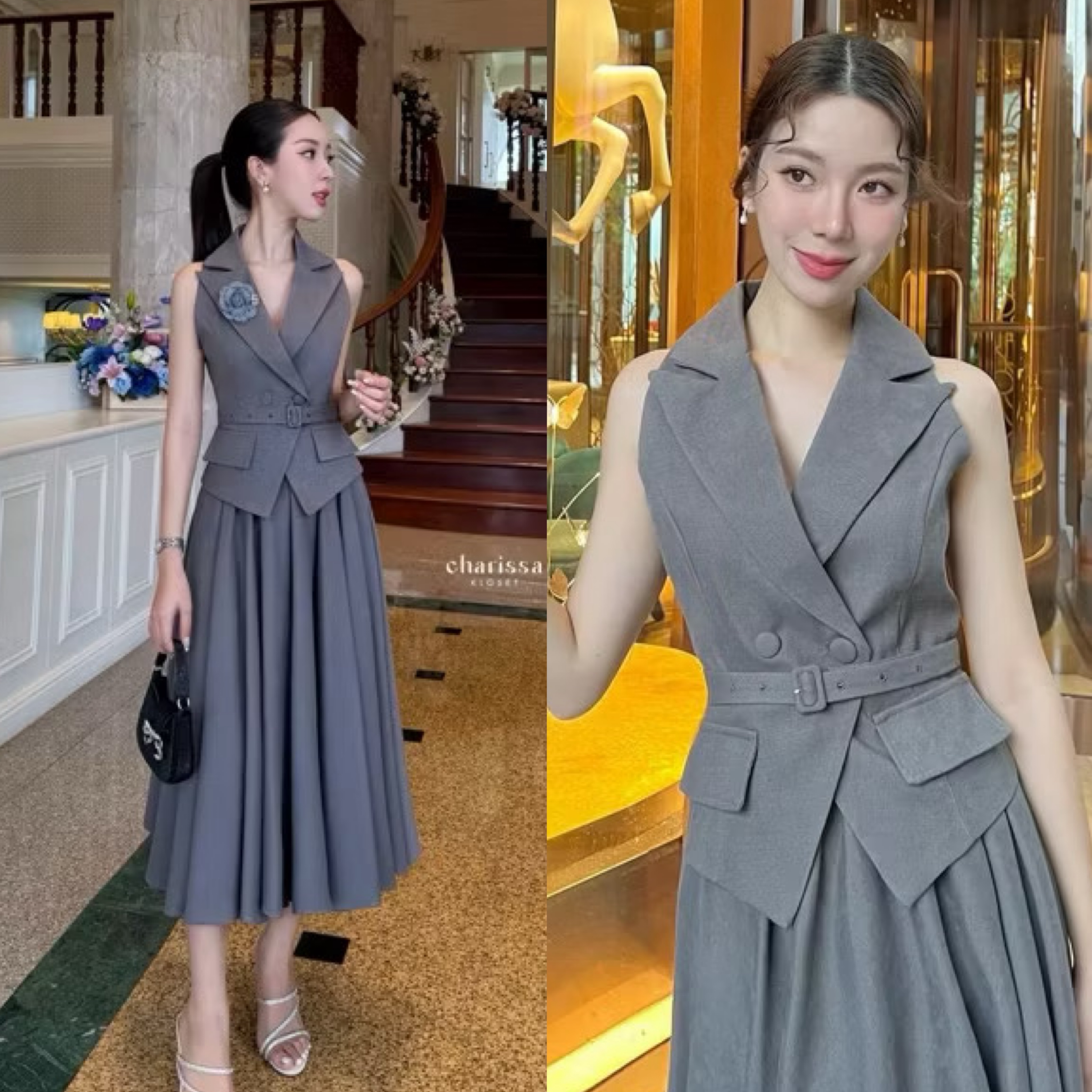 ชุดเซ็ท4ชิ้น เสื้อแขนกุด+กระโปรงยาว เข็มขัด และเข็มกลัดดอกไม้ ใส่สบาย : สินค้าคุณภาพ (พร้อมส่ง)