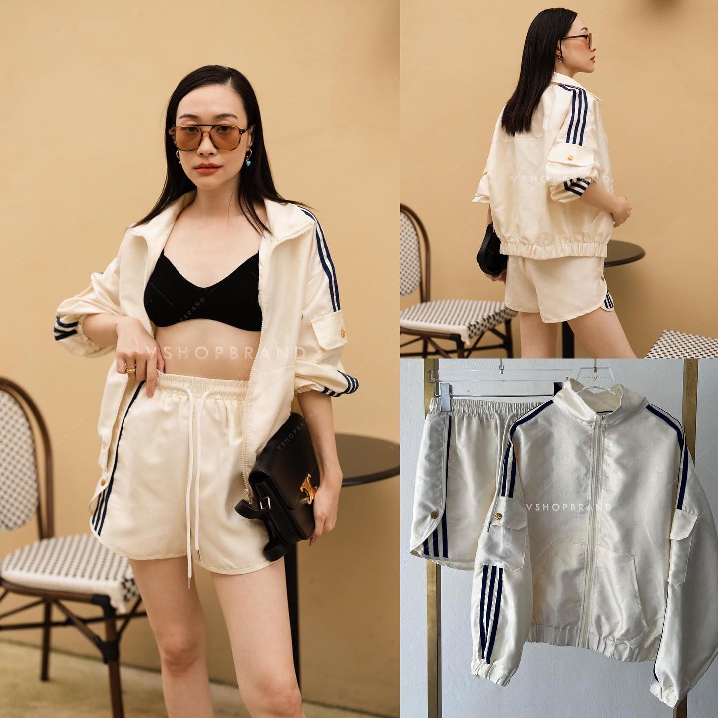 Set เสื้อแจ็คเก็ตแขนยาว คอจีน แต่งกระเป๋าแขนและหน้าท้อง (กระเป๋าใช้งาน ได้จริง) พิมพ์ลาย GG ทั้งชุดกับกางเกงขาสั้น เข้าเซท ใส่สบายๆ สินค้าคุณภาพ (พร้อมส่ง)