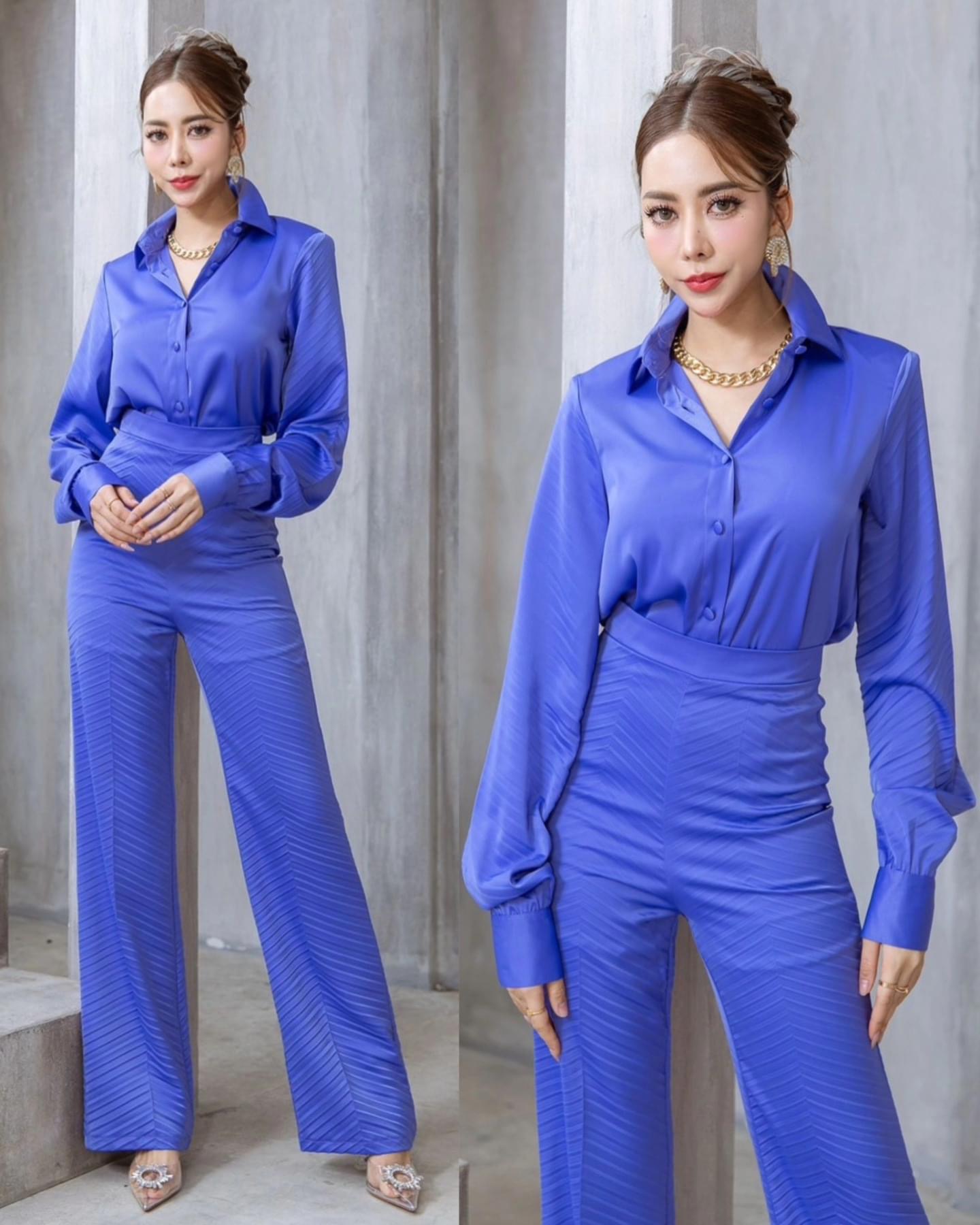 เซตเสื้อเชิ้ตผ้าเครปอัดพลีท+กางเกงทรงสวย เนื้อผ้าเครปกึ่งเงาเกรดเอ ใส่สบาย สินค้าคุณภาพ (พร้อมส่ง)