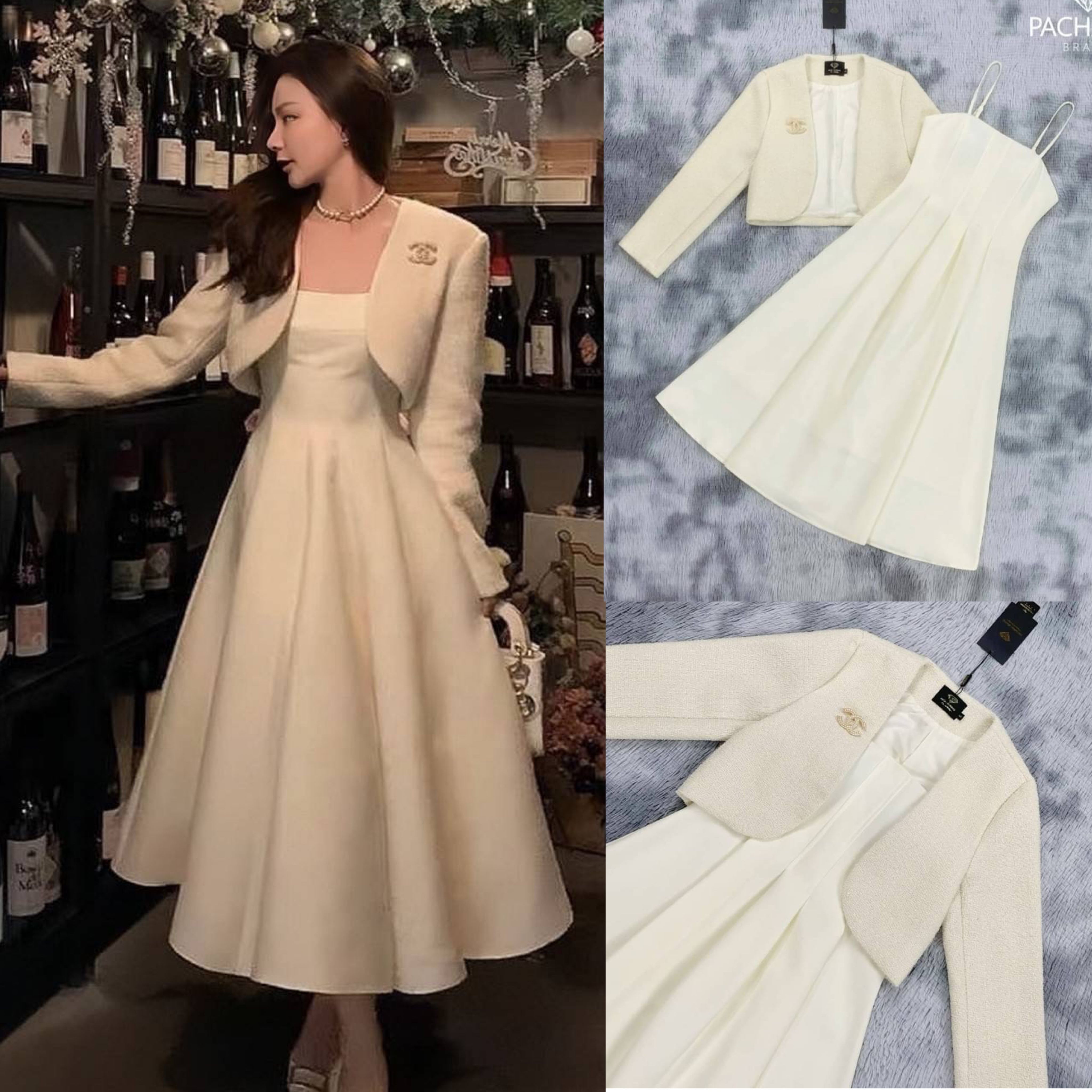 เซ็ต 3 ชิ้น เสื้อครอปสูทแขนยาวสีครีม คู่กับเดรสยาว ช่วงเอวตีเกร็ดเข้ารูป ชายกระโปรงบานสวยมาก งานซิปด้านหลัง มีซับในอย่างดี มาพร้อมเข็มกลัด สินค้าคุณภาพ (พร้อมส่ง)