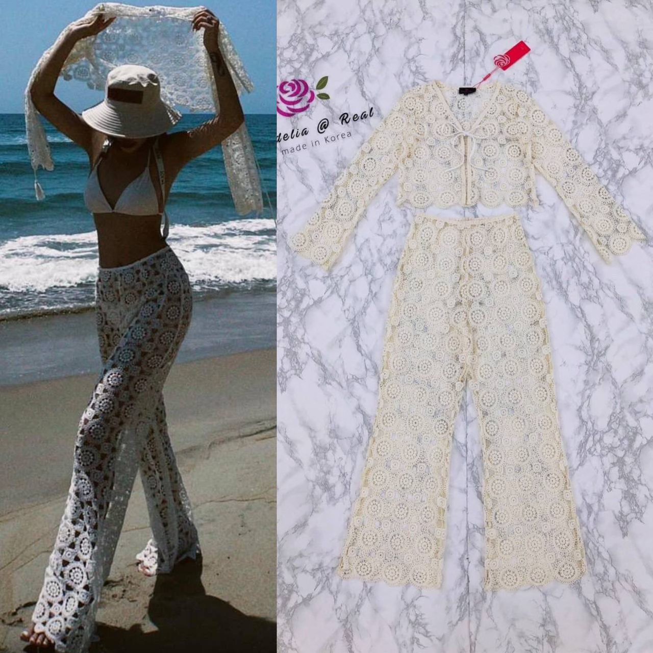 Set เสื้อคลุมแขนยาว ด้านหน้าผูกโบสวย ตัวเสื้อทรงปล่อยใส่ง่าย +กางเกงขายาว ทั้งตัวชุดลูกไม้ถักลายสวยทั้งชุด ใส่สบาย สินค้าคุณภาพ (พร้อมส่ง)