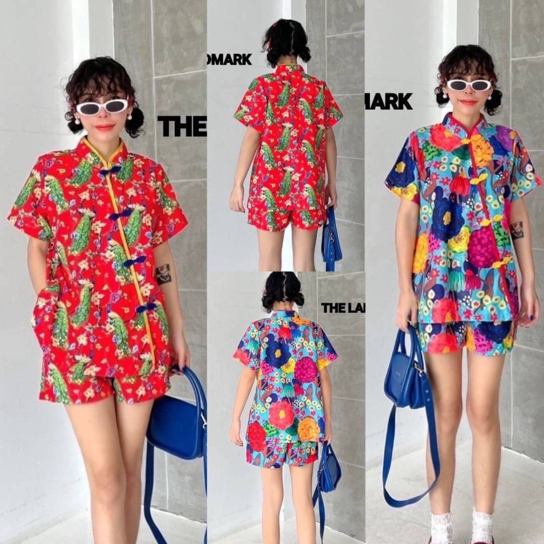 ชุดกี่เพ้า ชุดเซ็ทผ้าคอลตอลลินินอินเดีย ดีไซน์คอจีนป้ายข้าง กระดุมผ้า กุ๊นขอบ กางเกงเอวสม็อค มีกระเป๋าล้วง . สินค้าคุณภาพ (พร้อมส่ง)