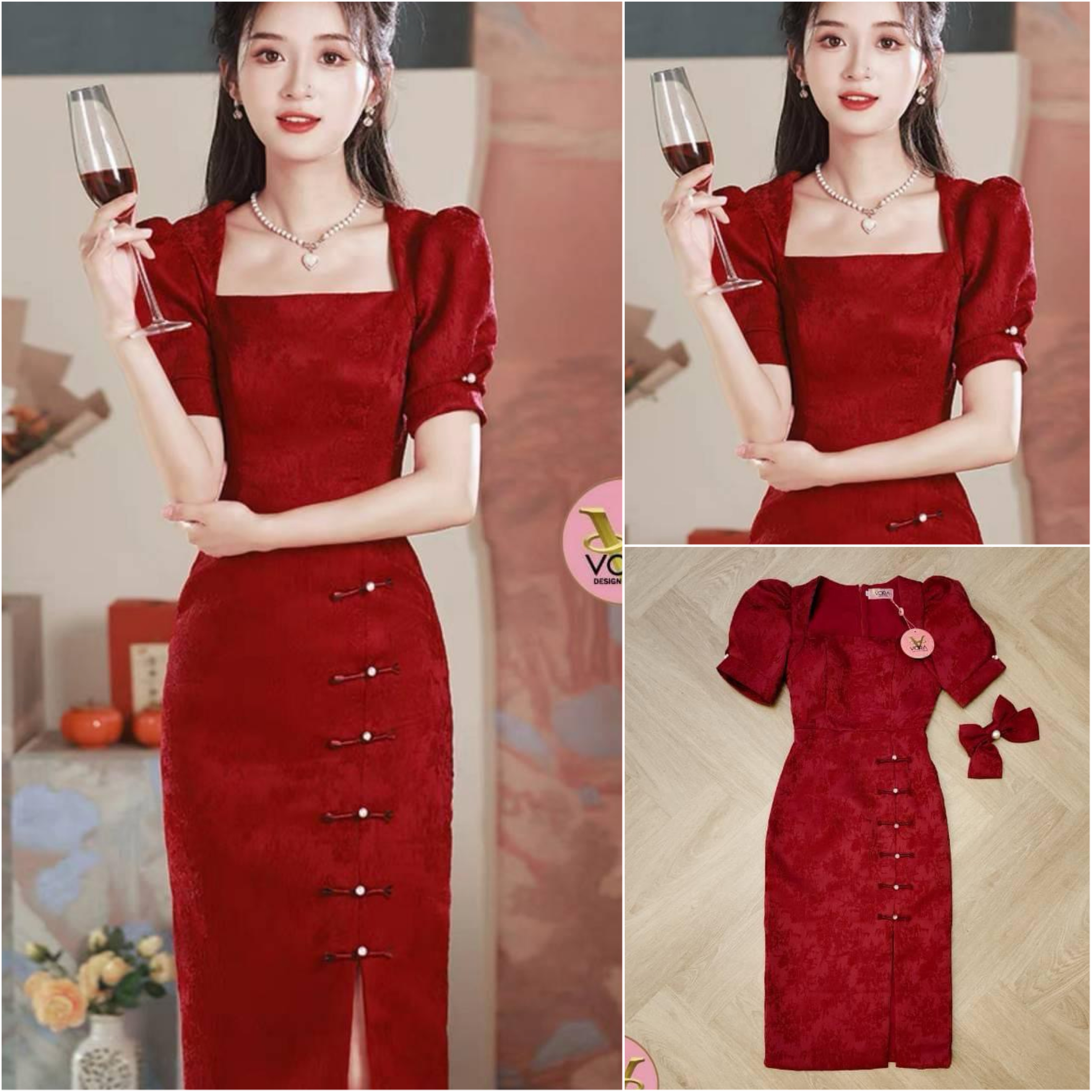 Dress ยาว แขนพองแต่งมุกด้านข้าง อกมีฟองน้ำจัดทรงให้ค่ะ ช่วงเอวเข้ารูป ผ่าปลาย กระโปรงด้านข้างแต่งกระดุมจีนเรียงด้านข้าง เนื้อผ้าอัดลายลูกไม้ทั้งชุด ใส่สบาย สินค้าคุณภาพ (พร้อมส่ง)