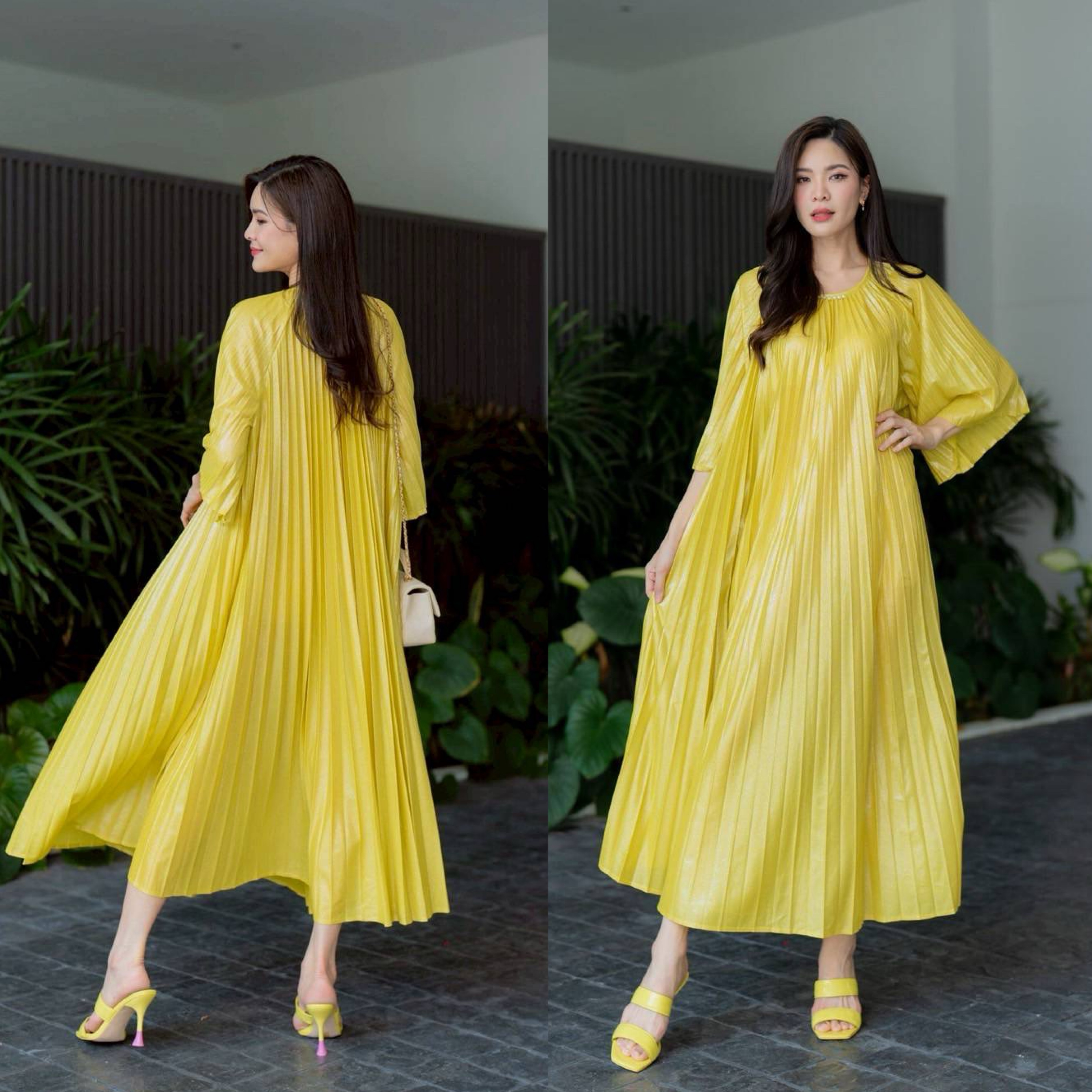 ชุดเดรสตัวยาว ทรงคอกลม แขน 4 ส่วน ใส่หลวมๆ สบายๆ แบบพริ้วๆ ความยาว 💘 กำลังดีงาม อัดพลีทเนื้อแน่น AA Premium ผ้าเมทาลิคเนื้อดี สีเหลือบทอง วิบวับ ใส่สบาย : สินค้าคุณภาพ (พร้อมส่ง)