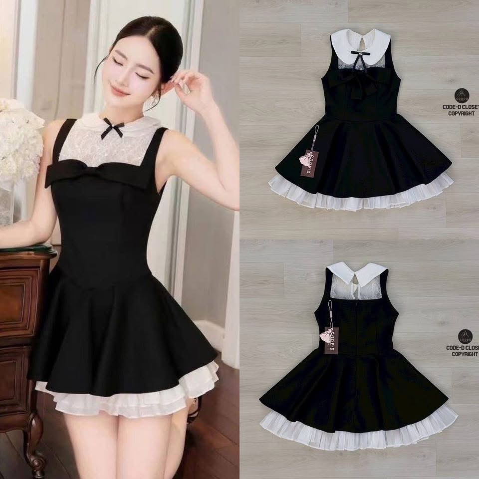 มินิเดรส แขนกุดสีดำ ตัดกับคอบัวสีขาว ติดเข็มกลัดโบสีดำเล็กๆ ( ถอดออกได้) ใส่สบาย : สินค้าคุณภาพ (พร้อมส่ง)