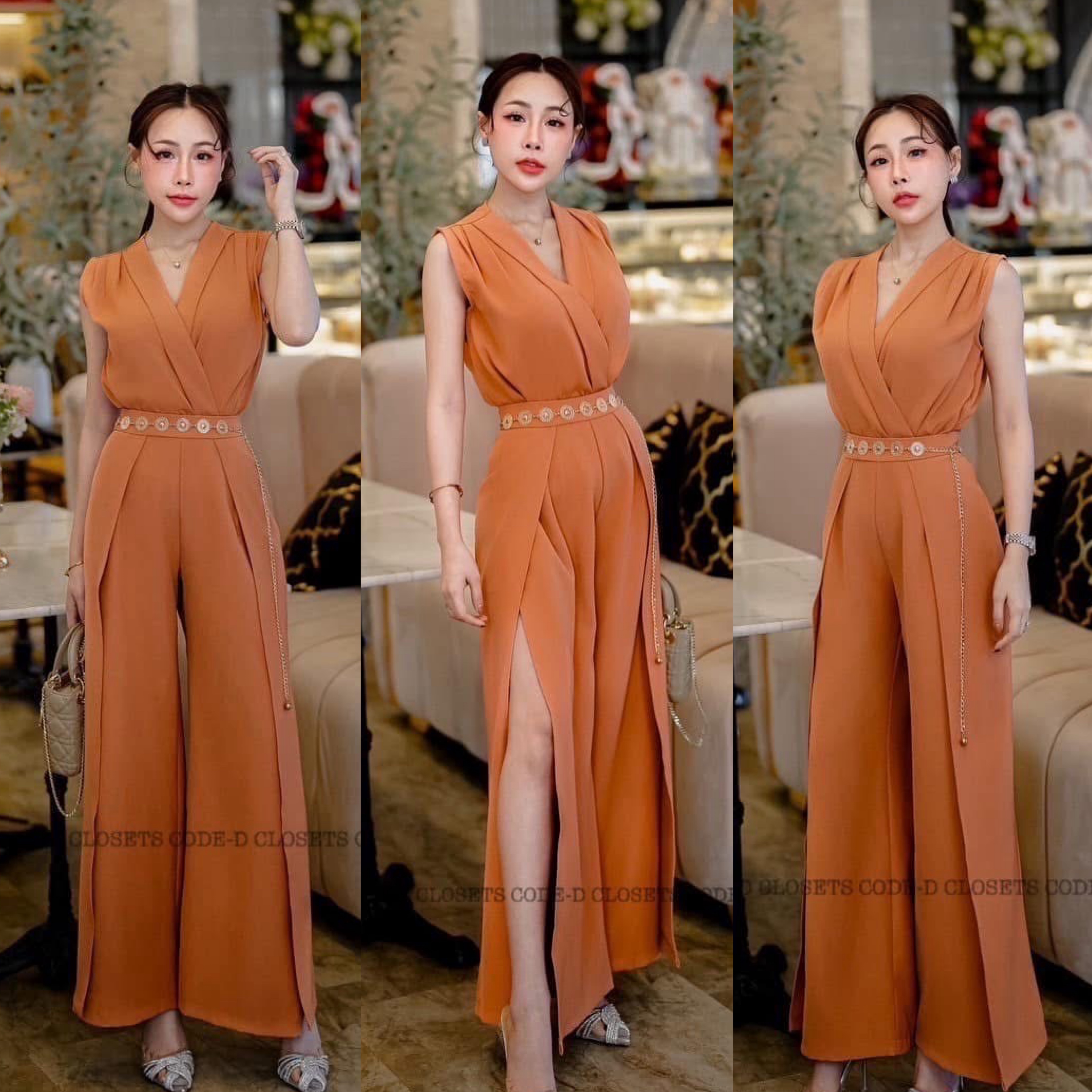 Set 2 ชิ้น สีส้มอิฐเสื้อแขนกุด ดีไซน์คอวีย้วยป้ายหน้า มีซิปข้าง ใส่แม็ทช์ทับใน มาคู่กางเกงขายาวทรงกระบอก ดีเทลเย็บปกผ่า ข้างให้ทรงพริ้วสวย งานซิปหลังเย็บซับใน +เข็มขัดอะไหล่โซ่ทอง ใส่สบาย : สินค้าคุณภาพ (พร้อมส่ง)