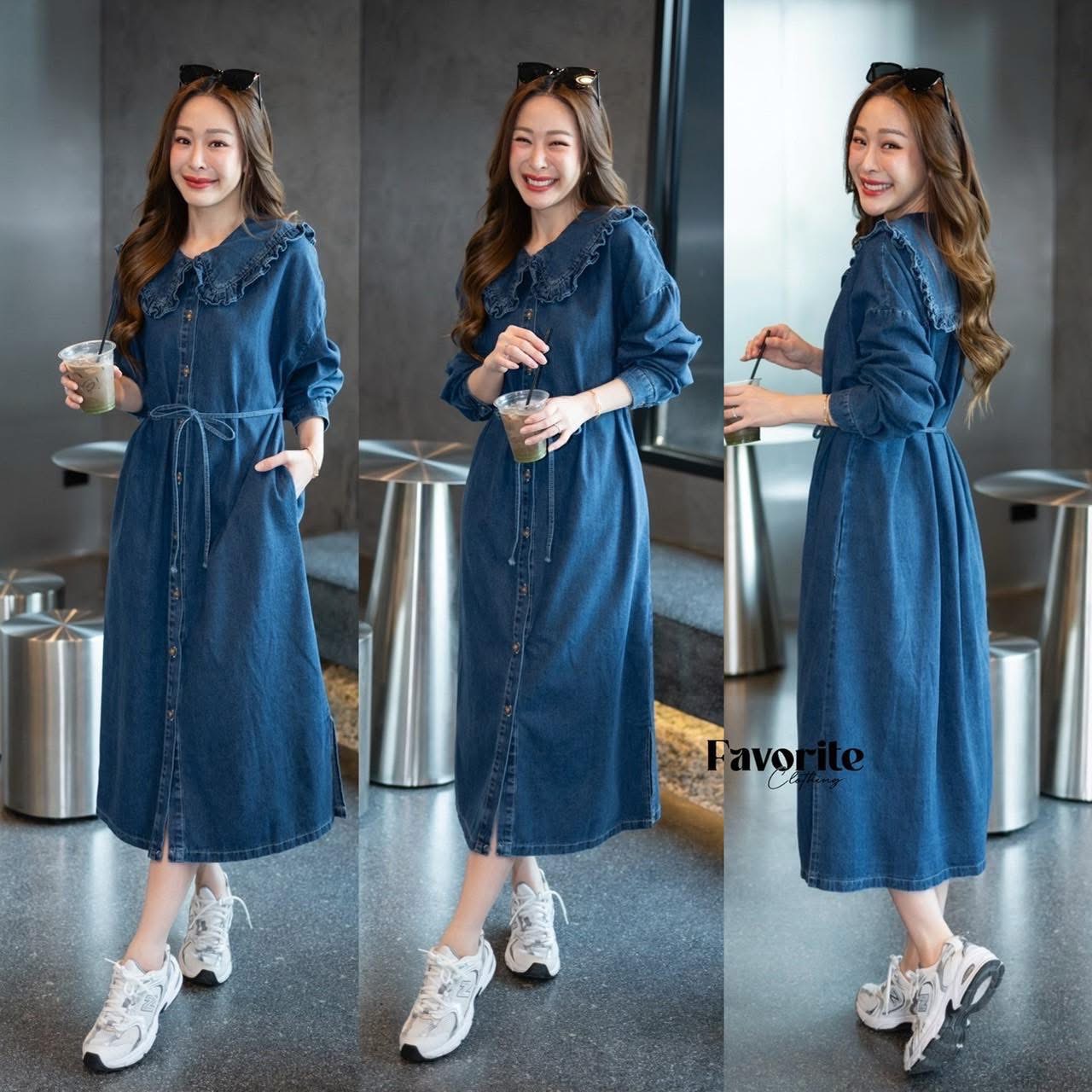 เดรสผ้ายีนส์แต่งคอระบาย ใส่สบาย : สินค้าคุณภาพ (พร้อมส่ง)