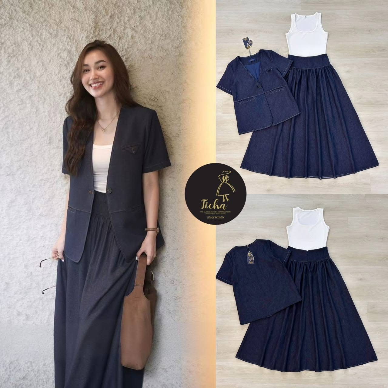 Set 3 สุดคุ้ม เสื้อเบลเซอร์คอวีแขนสั้นสีดำผ้ายีนส์เทียม ทรงโอเวอร์ไซส์มีกระดุมหน้า1เม็ด แต่งกระเป๋าหน้าใช้งานได้จริง ช่วงไหล่เสริมฟองน้ำ มาพร้อมเสื้อครอปแขนกุดสีขาวตัวใน ใส่แมทซ์กับกระโปรงยาวทรงบ ใส่สบาย : สินค้าคุณภาพ (พร้อมส่ง)