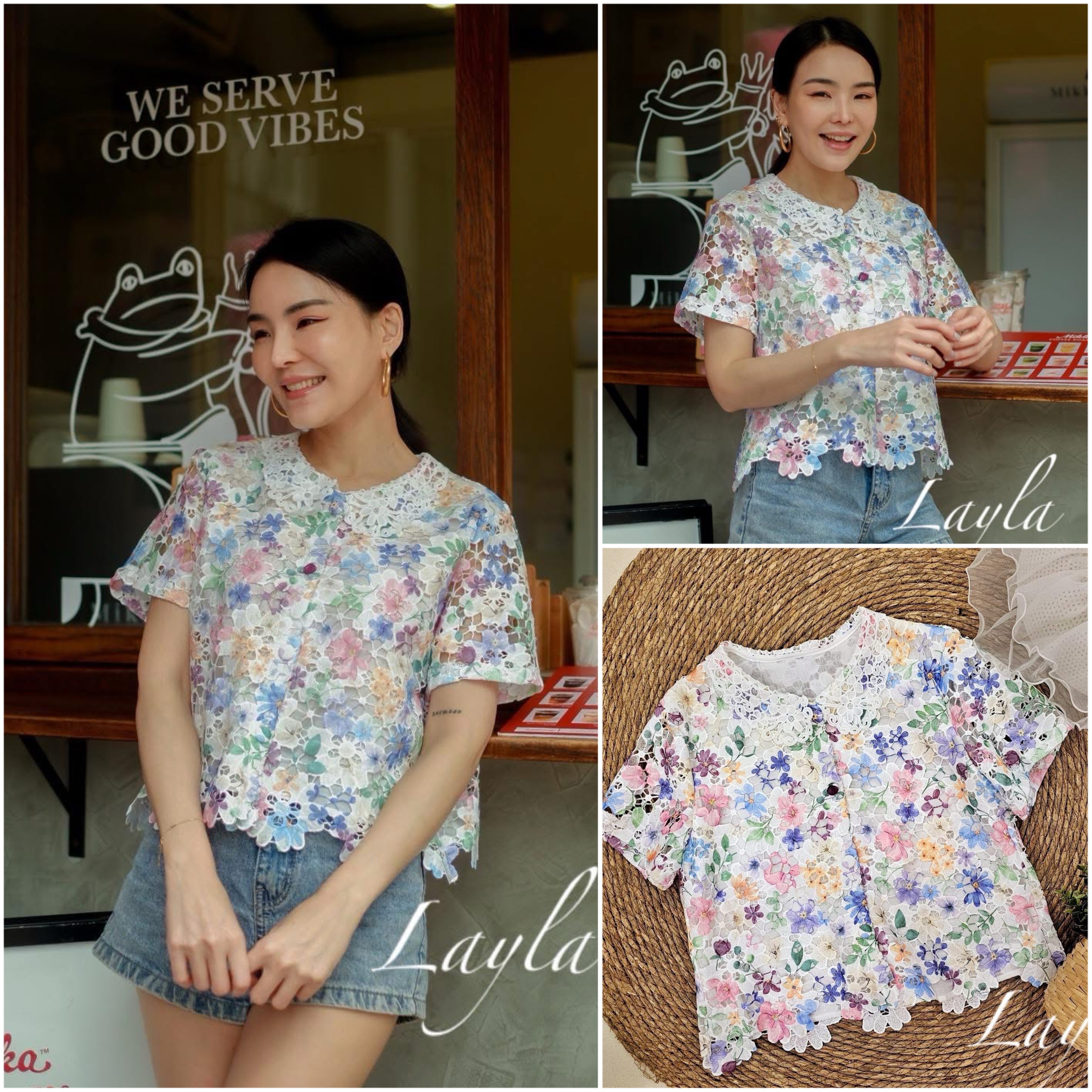 เสื้อเชิ้ตลูกไม้ลายดอกสีหวานๆ คอบัวผ้าลูกไม้สวยๆ งานปั้มกระดุมแบบดีงาม งานมีซับในตัวนะคะ ใส่สบาย : สินค้าคุณภาพ (พร้อมส่ง)