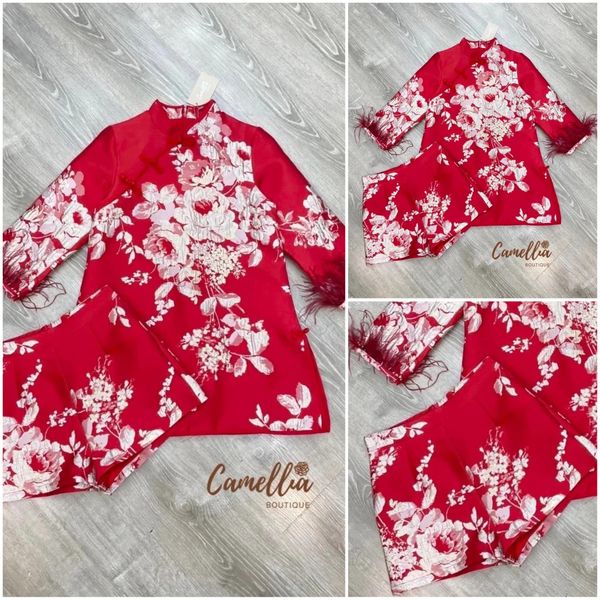 ชุดSet กี่เพ้า เสื้อคอจีนแขนยาว 3 ส่วนแต่งขน ที่ปลายแขน + กางเกงขาสั้น ผ้าทอลายทั้งชุด ใส่สบาย สินค้าคุณภาพ (พร้อมส่ง)