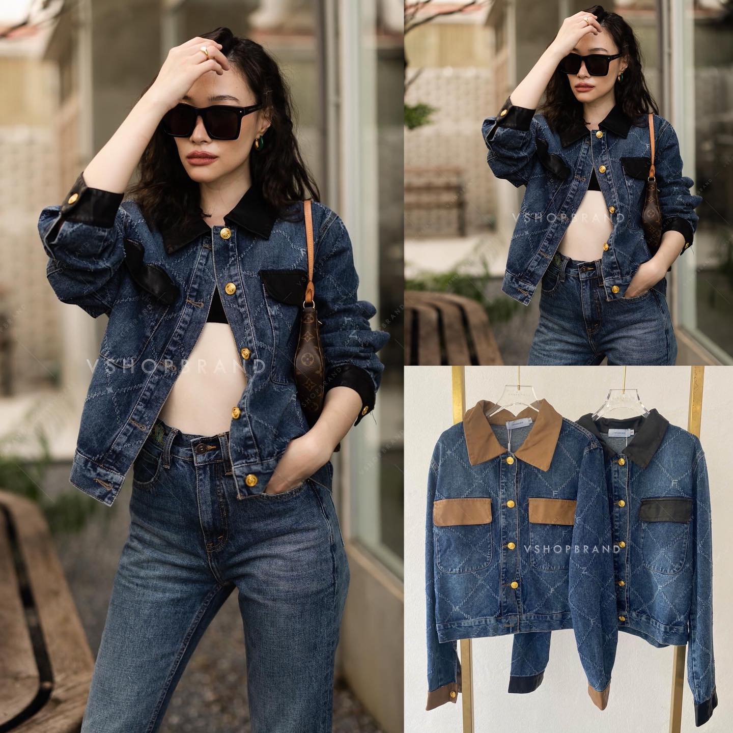 แจ็คเก็ตยีนส์แขนยาวพิมพ์ ลายตาราง ปกหนัง กระเป๋าหนังอก 2 ข้าง แต่งกระดุมทอง งานดีไซน์สวยคลาสสิค ใส่สบายๆ : สินค้าคุณภาพ (พร้อมส่ง)