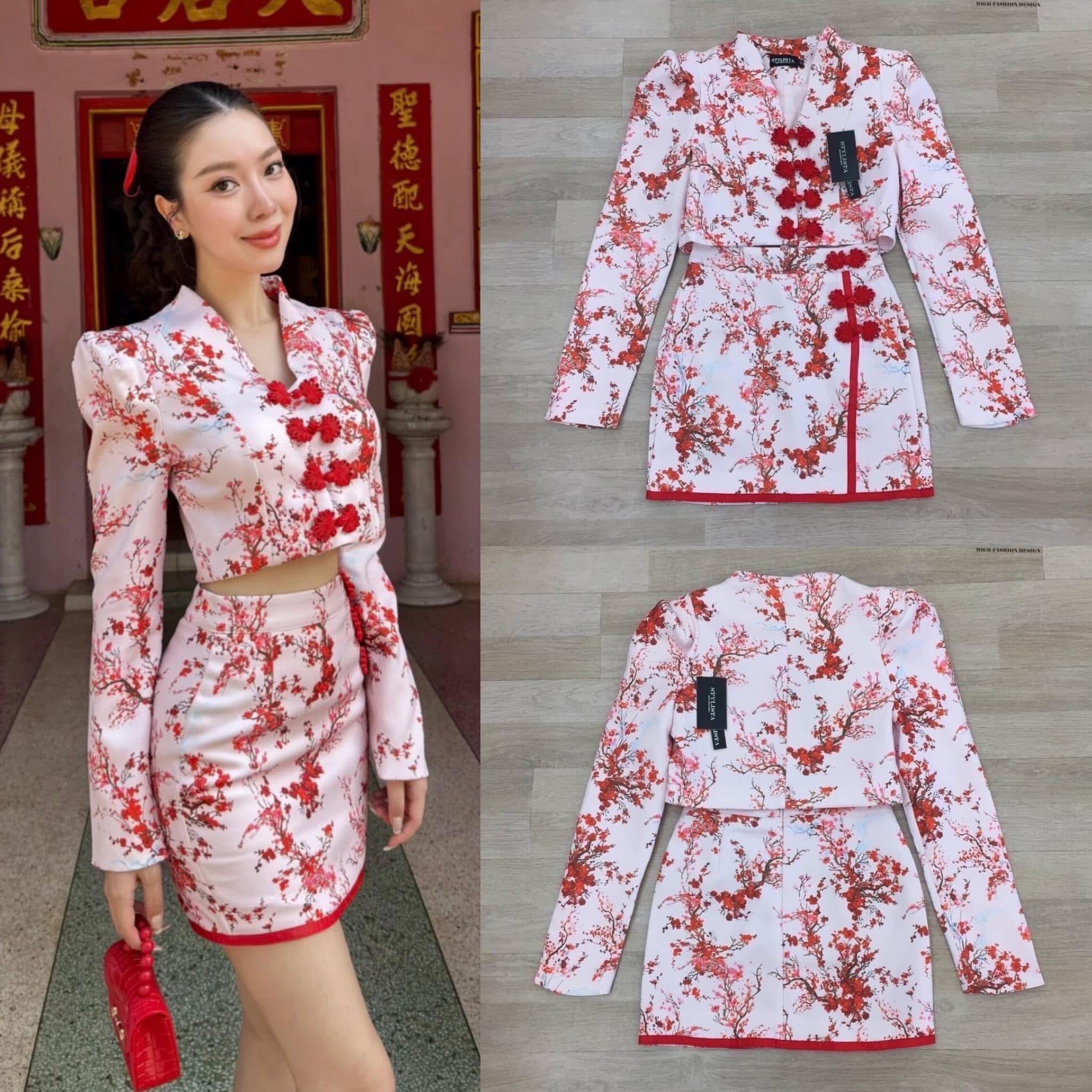 เซตกี่เพ้า เสื้อแขนยาวลายดอกไม้ มาพร้อมกระโปรงเข้าชุด ใส่สบาย : สินค้าคุณภาพ (พร้อมส่ง)