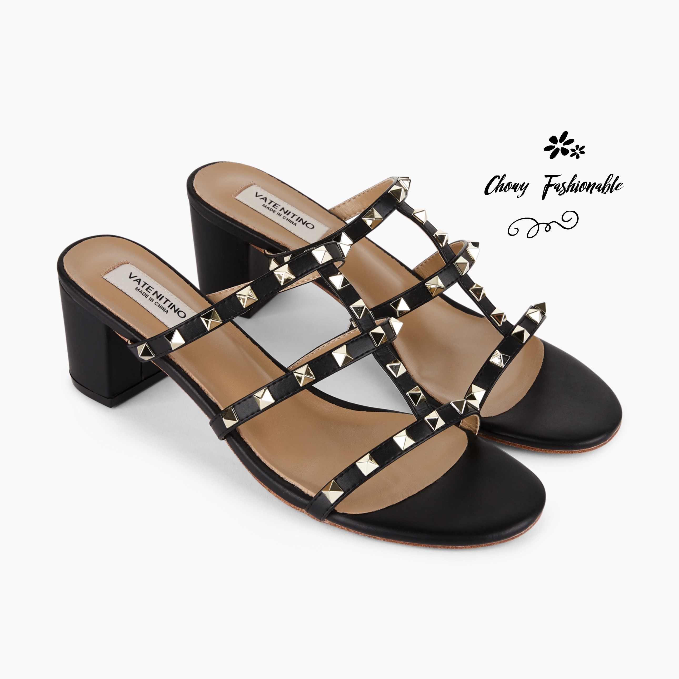 รองเท้าแตะส้นสูงไซส์ใหญ่ 43 44 45 ติดหมุด สไตล์วาเลนติโน่ หนังแท้ สีดำ Rivert Style KR1198