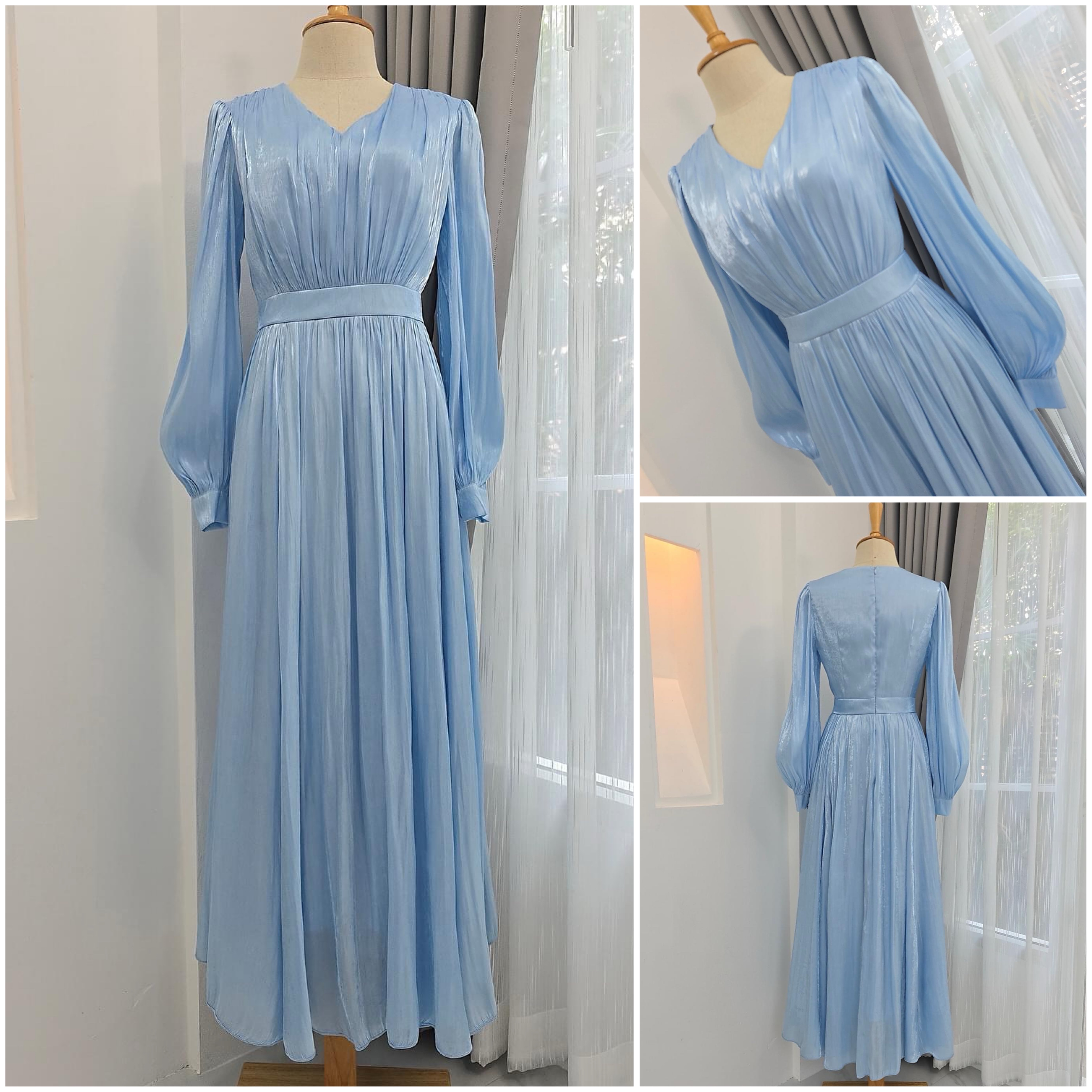 แม็กซี่เดรสเสื้อคอวีแขนยาว กระโปรงบาน ดีเทลตัวเสื้อเดรปแบบรูดใต้อกและกระโปรง ใส่สบาย : สินค้าคุณภาพ (พร้อมส่ง)