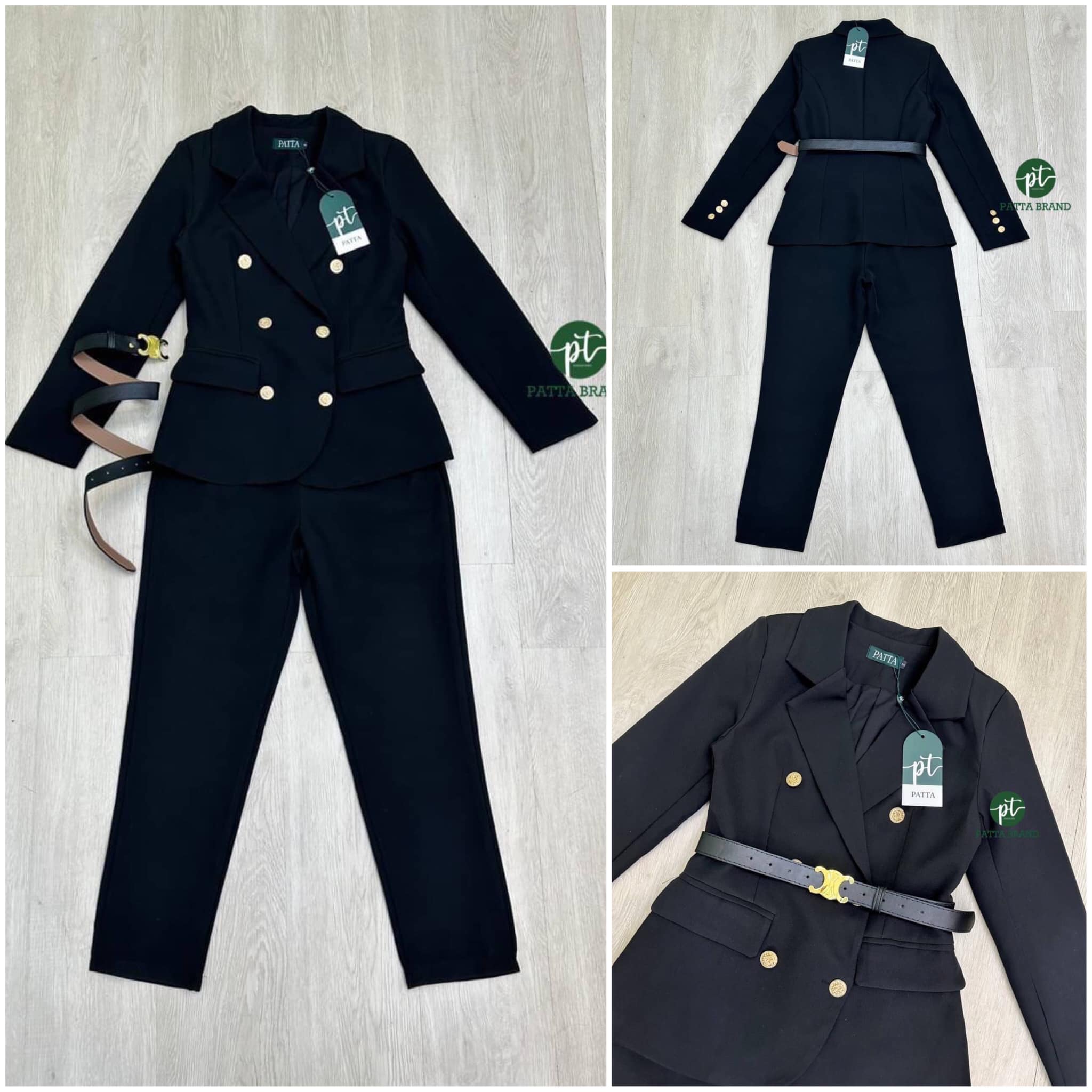 set สูท2ชิ้น เสื้อสูทคอปกแขนยาว แต่งกระดุมหน้าสีทองปั้มลาย 6 เม็ด มาพร้อมกับกางเกง ขายาว เพิ่มเข็มขัดหนังหัวสีทองใส่แมท เข้ากันมาก: สินค้าคุณภาพ (พร้อมส่ง)